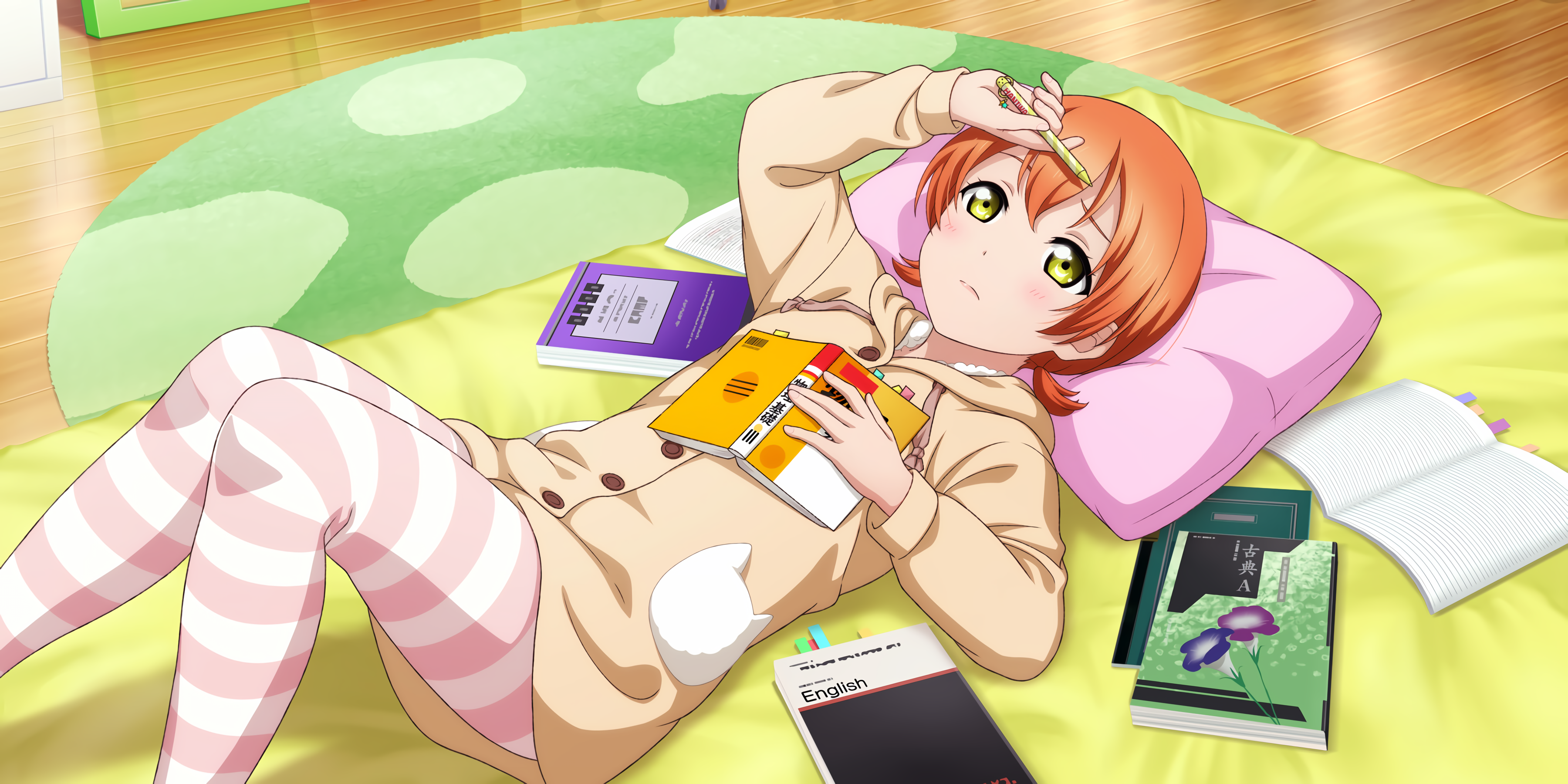 Hoshizora Rin Love Live Anime Anime Girls Lying On Back Books Japanese Pen 3600x1800