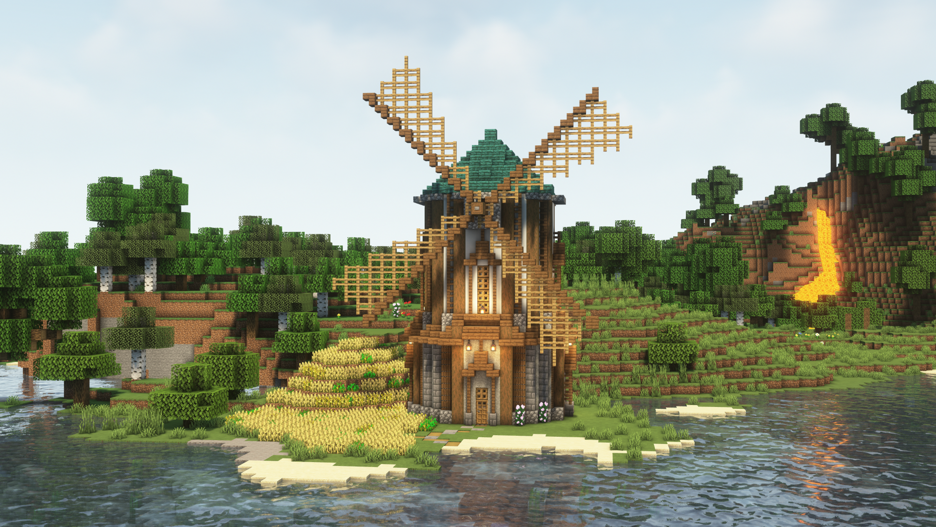 Minecraft Shaders Video Games Landscape Windmill Water CGi Trees 1920x1080