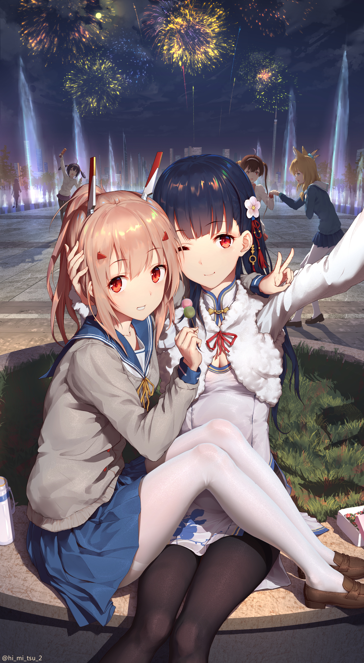 Anime Anime Girls Azur Lane Fireworks Selfies Taking Selfie Vertical One Eye Closed Peace Sign Flowe 1180x2150