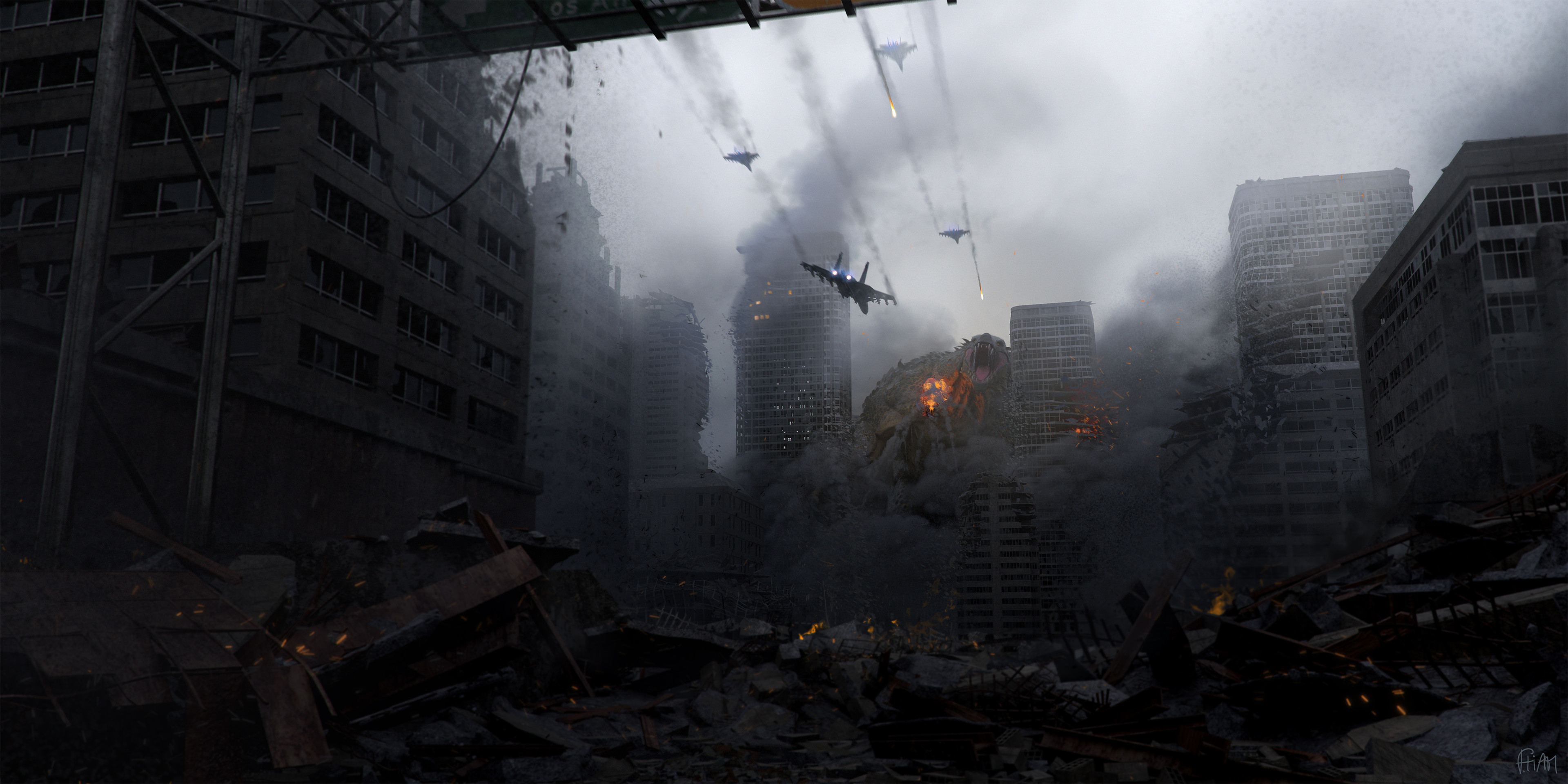 High Tech Aliens Jet Fighter Creature City Ruins Debris Smoke Science Fiction 3840x1920