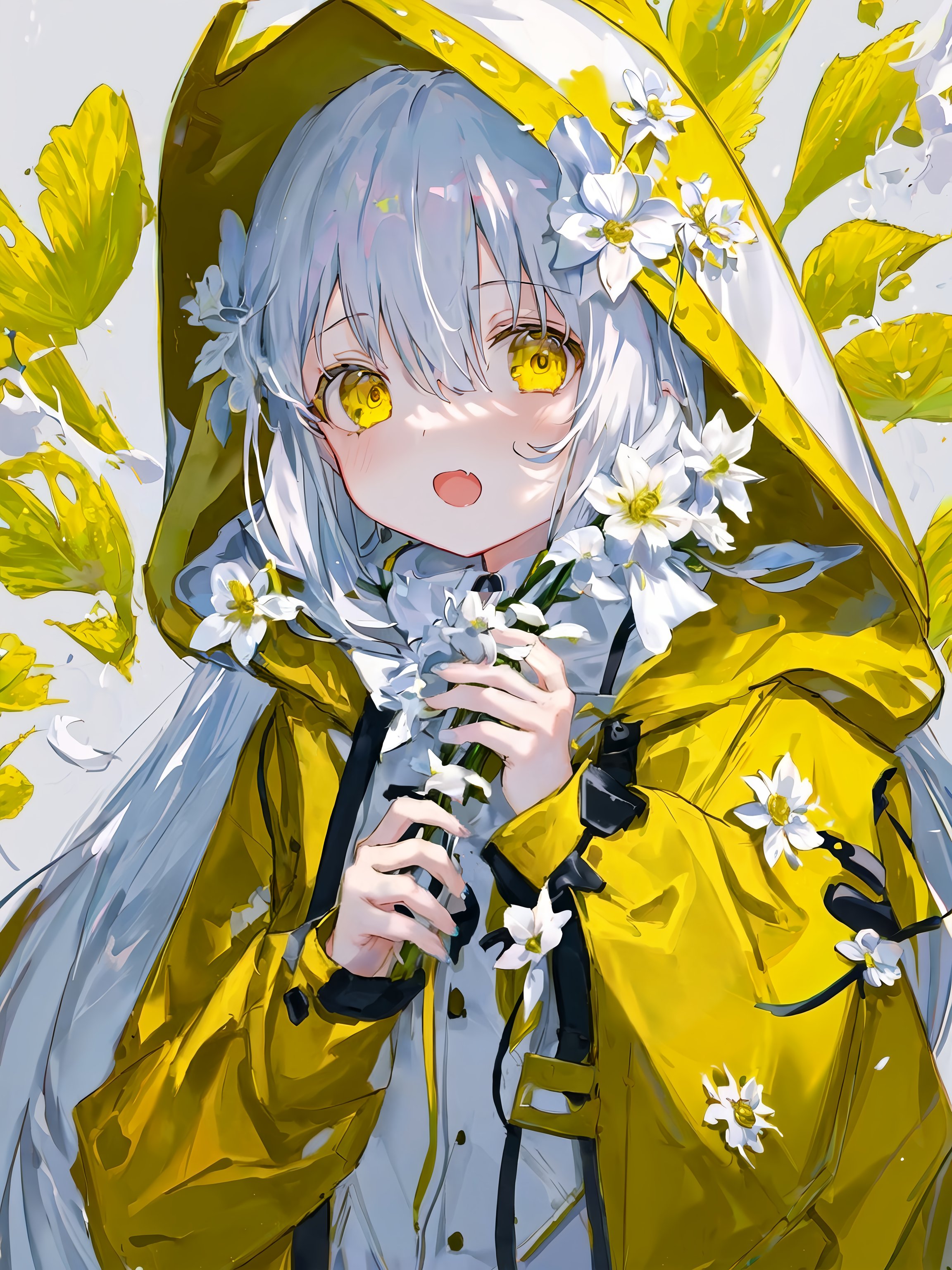 Anime Girls White Hair Flowers Yellow Raincoat Yellow Eyes Raincoat Vertical Flower In Hair 2304x3072