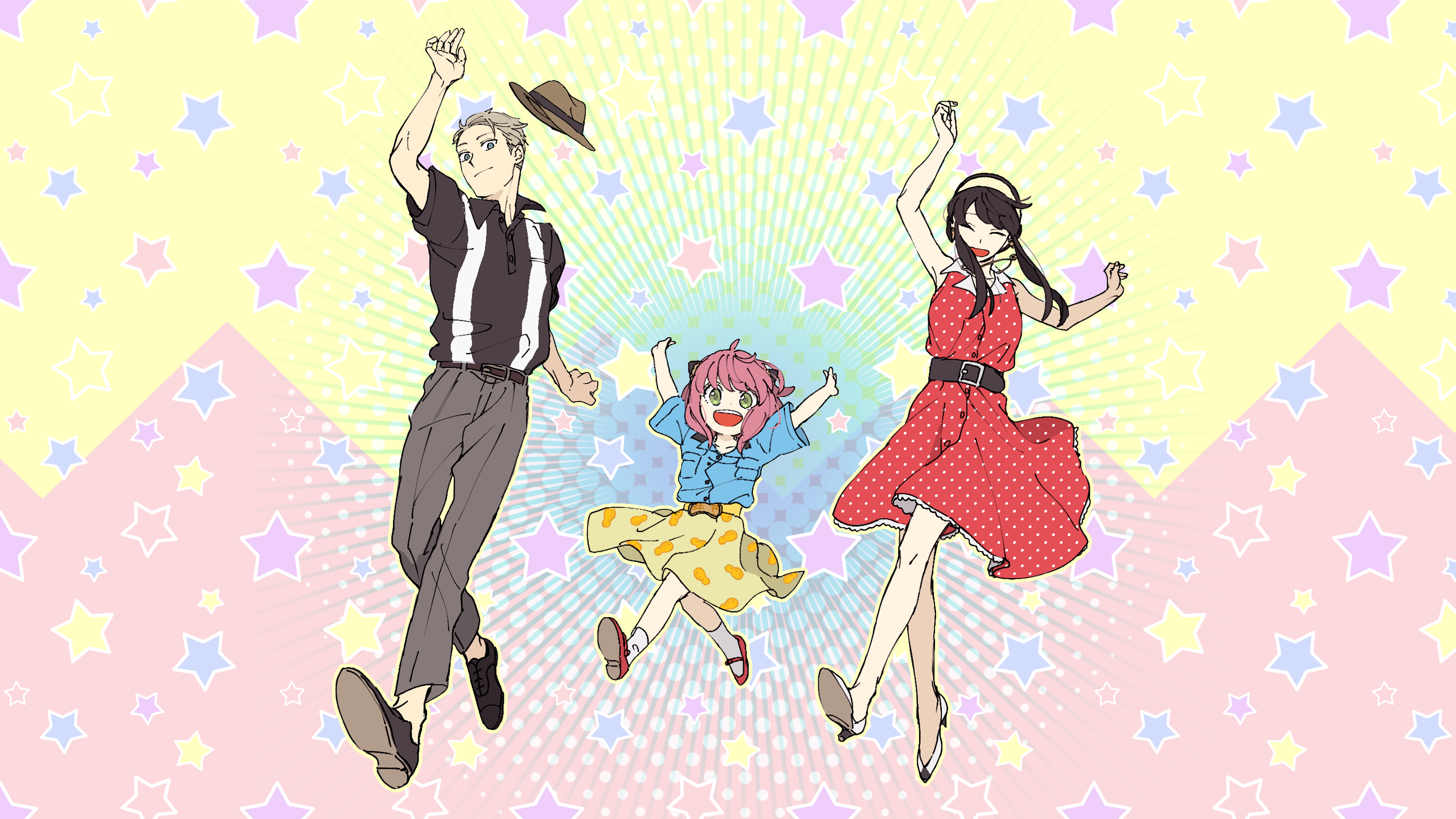 Spy X Family Anime Girls Anime Boys Loid Forger Yor Forger Anya Forger Dancing Smiling Stars Simple  2560x1440