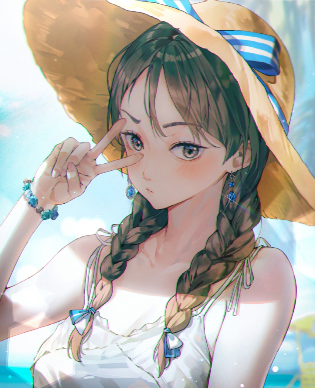 Original Characters Summer Brunette Twintails Sun Hats Peace Sign Vertical Anime Girls Straw Hat Bra 1038x1280