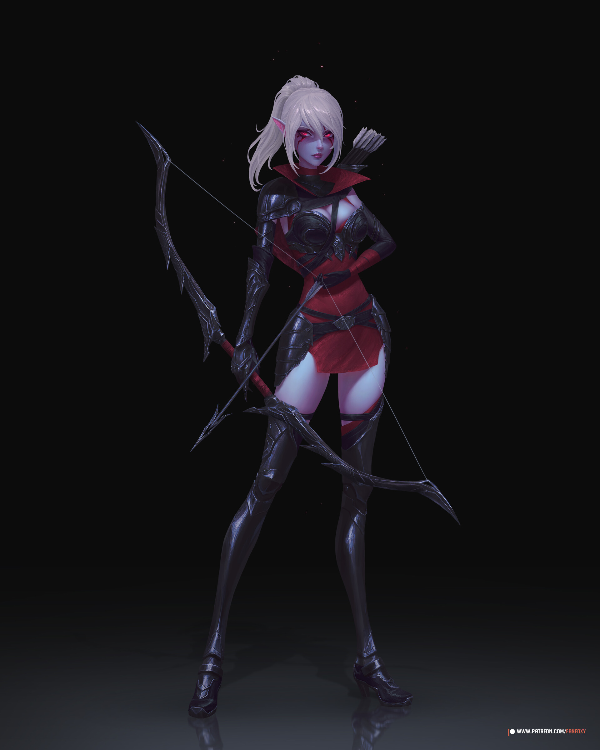 Fanfoxy Drawing Women Silver Hair Ponytail Armor Archer Reflection Red Eyes Blood Elves Warcraft Bow 1920x2400