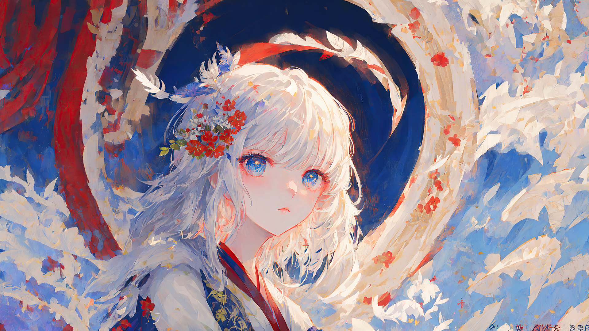 Ai Art White Hair Anime Anime Girls Flower In Hair Kimono Blue Eyes Looking At Viewer 1920x1080