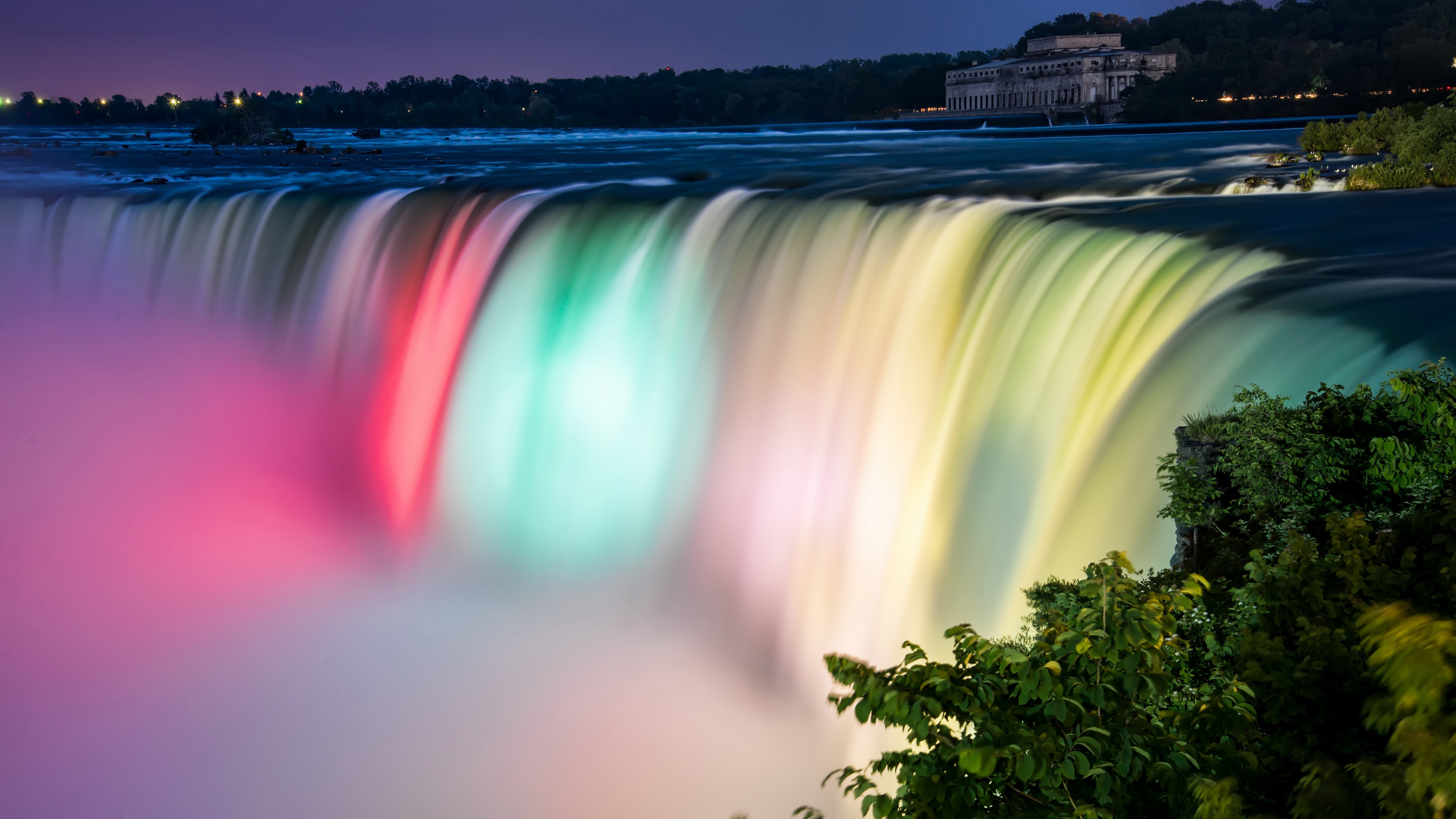 Waterfall River Water Colorful Night Leaves City Lights Building Nature 7680x4320