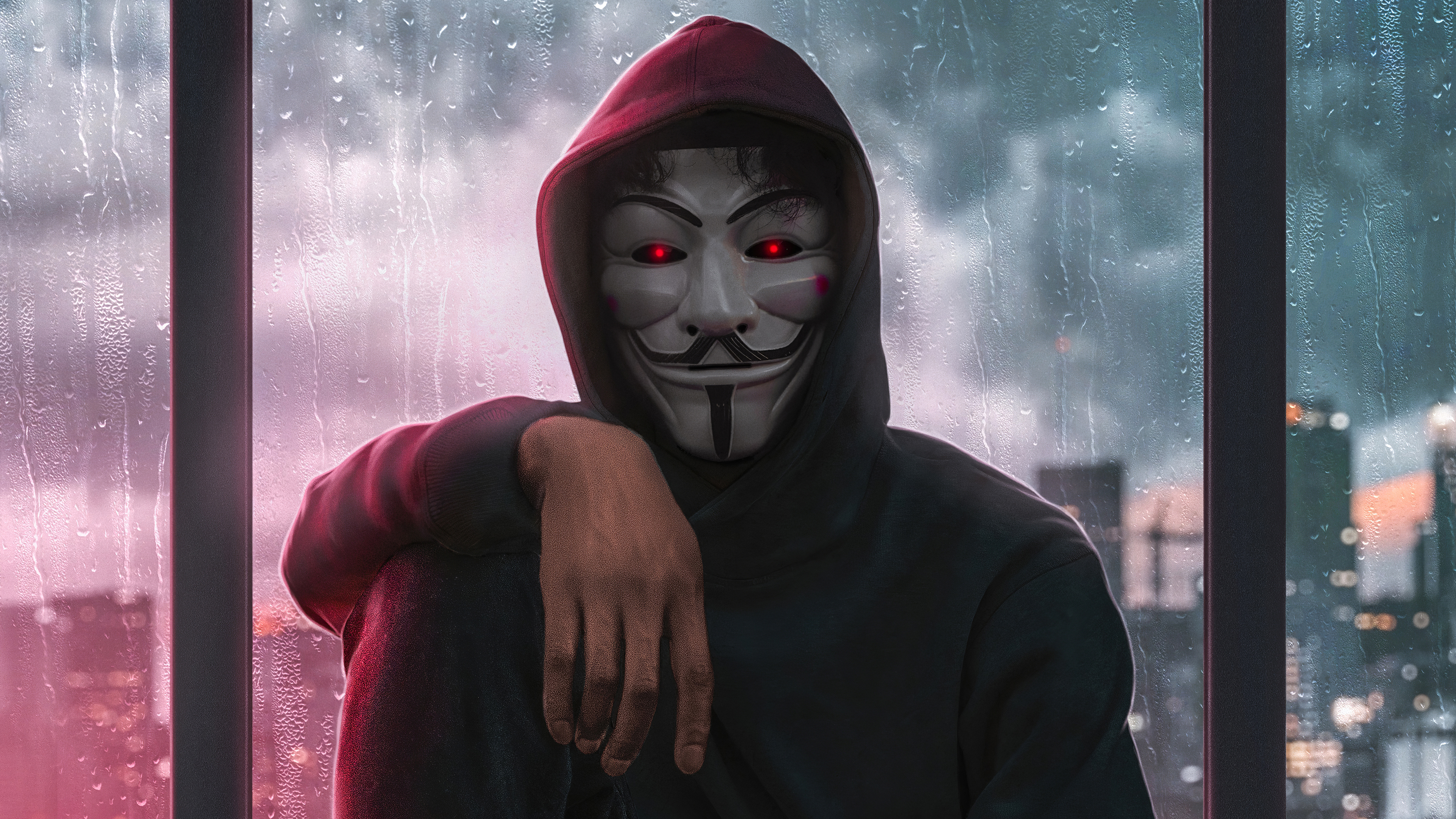 Anonymous Hacker Group Mask Hoods Glowing Eyes 3840x2160