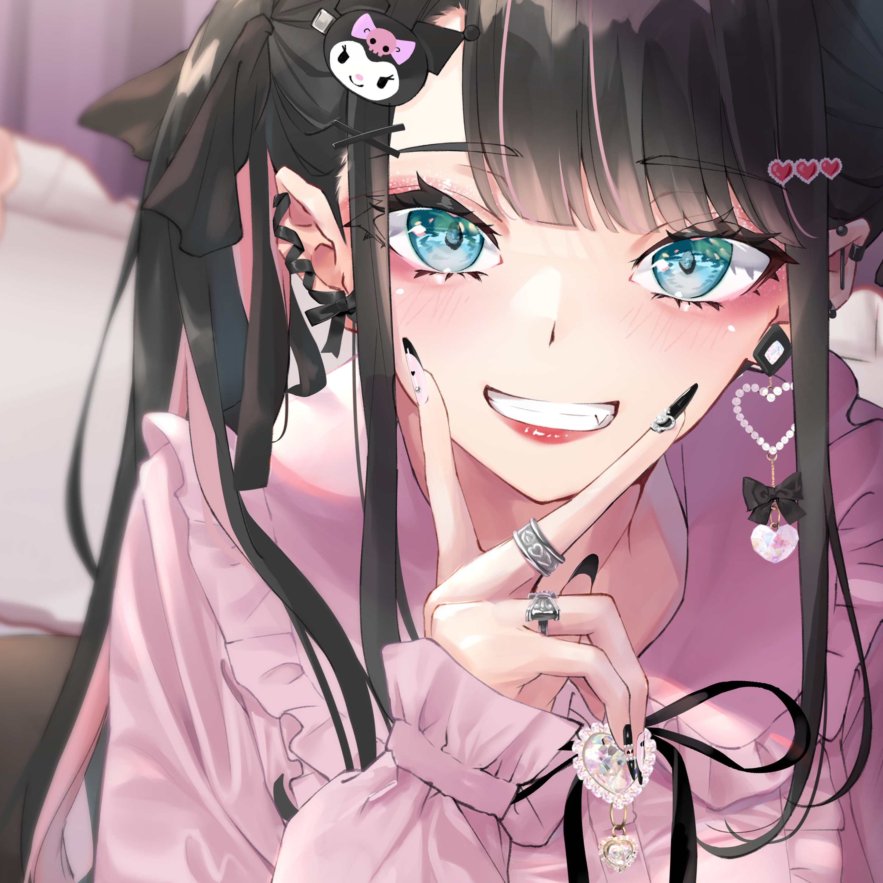 Anime Anime Girls Smiling Rings Blue Eyes Brunette Earring Looking At Viewer Long Hair 2894x2894