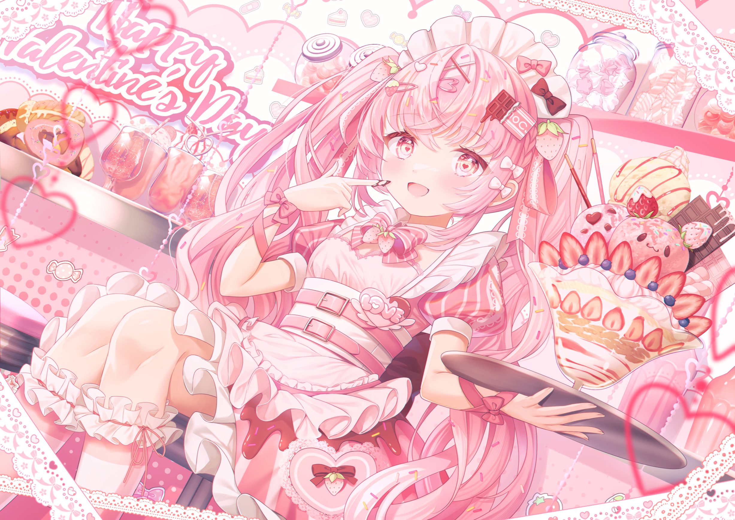 Anime Anime Girls Bow Tie Dress Long Hair Parfait Strawberries Ice Cream Chocolate Looking At Viewer 2454x1736