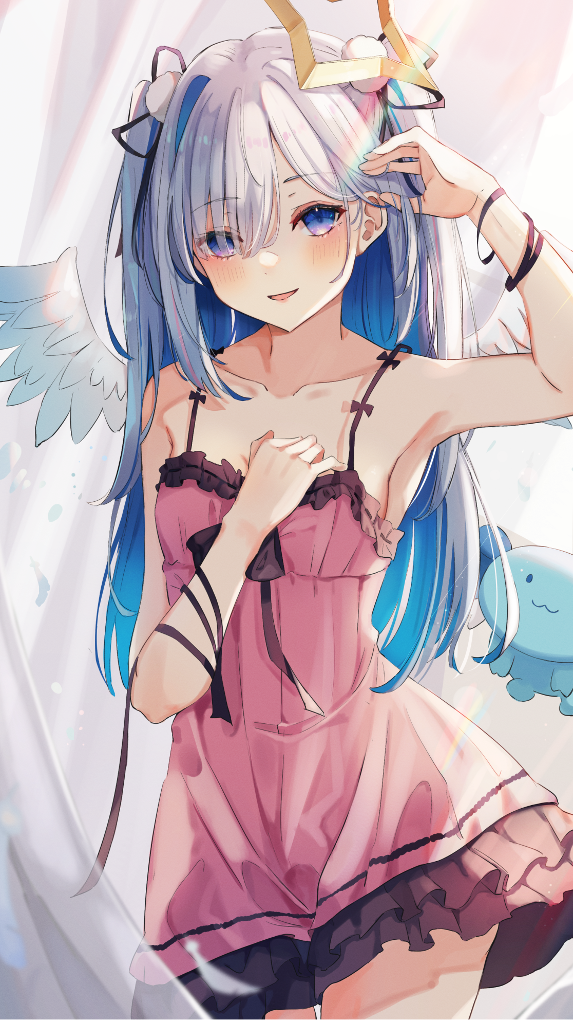 Anime Anime Girls Amane Kanata Hololive Virtual Youtuber Blue Hair Blue Eyes Armpits Feathers Wings  1116x1984