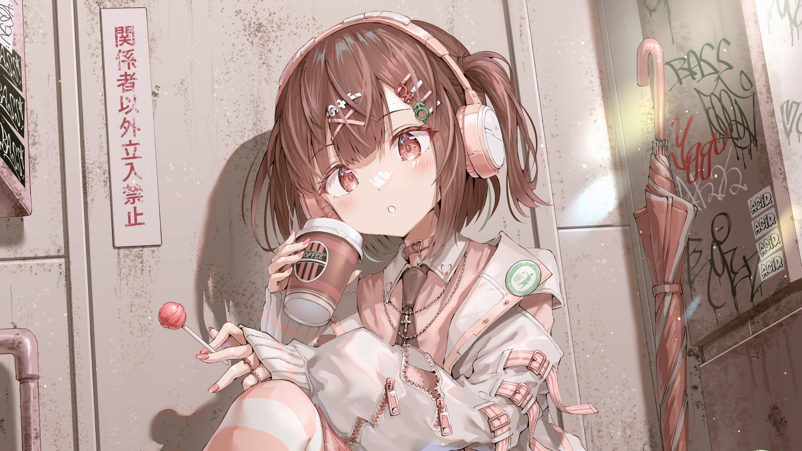 Anime Girls Headphones Coffee Umbrella Artwork Tie Lollipop Drink Blushing Short Hair Looking At Vie 2560x1440