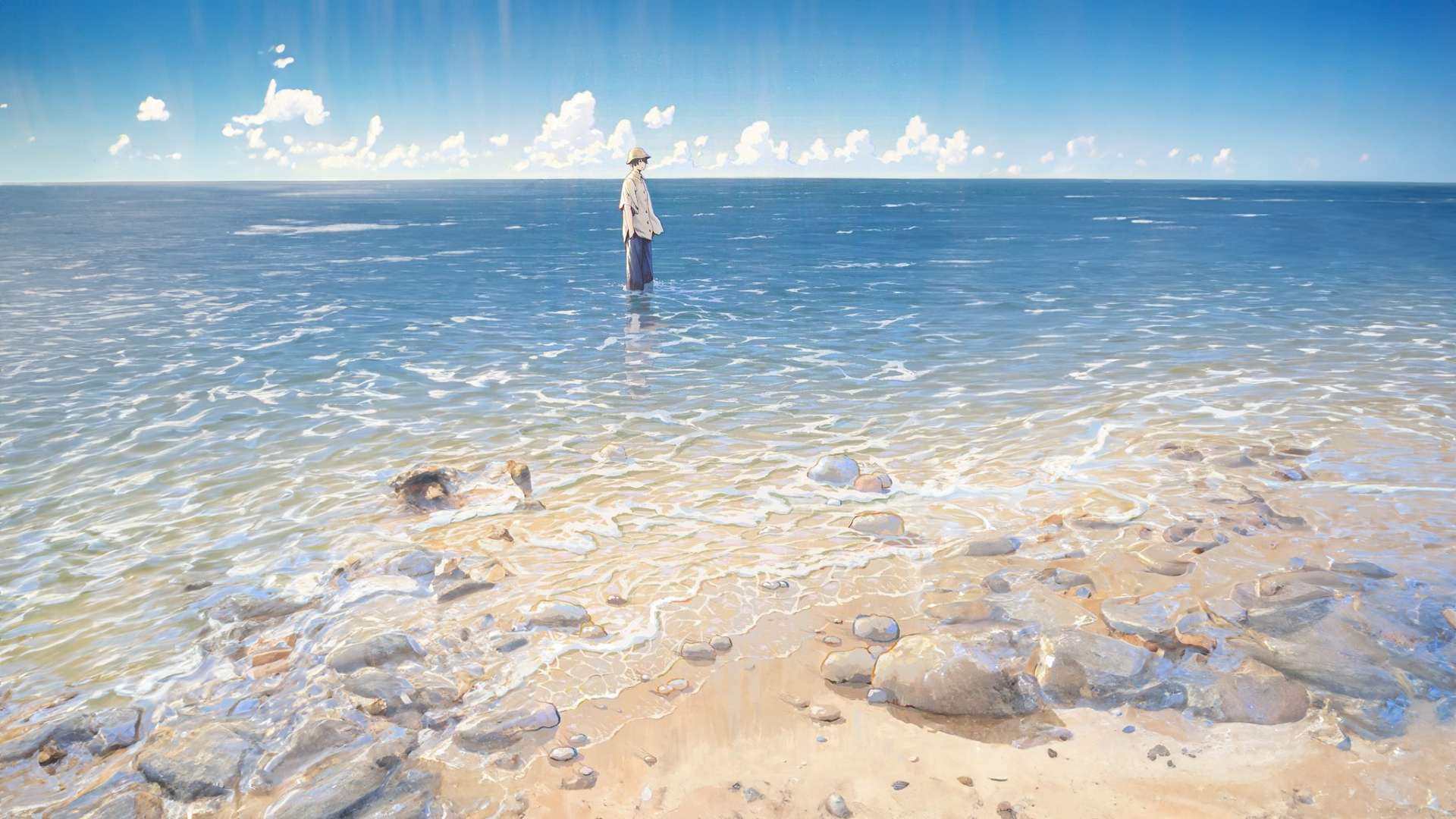 Sea Sand Beach Standing In Water Water Clouds Horizon Rocks Sky Digital Art 1920x1080