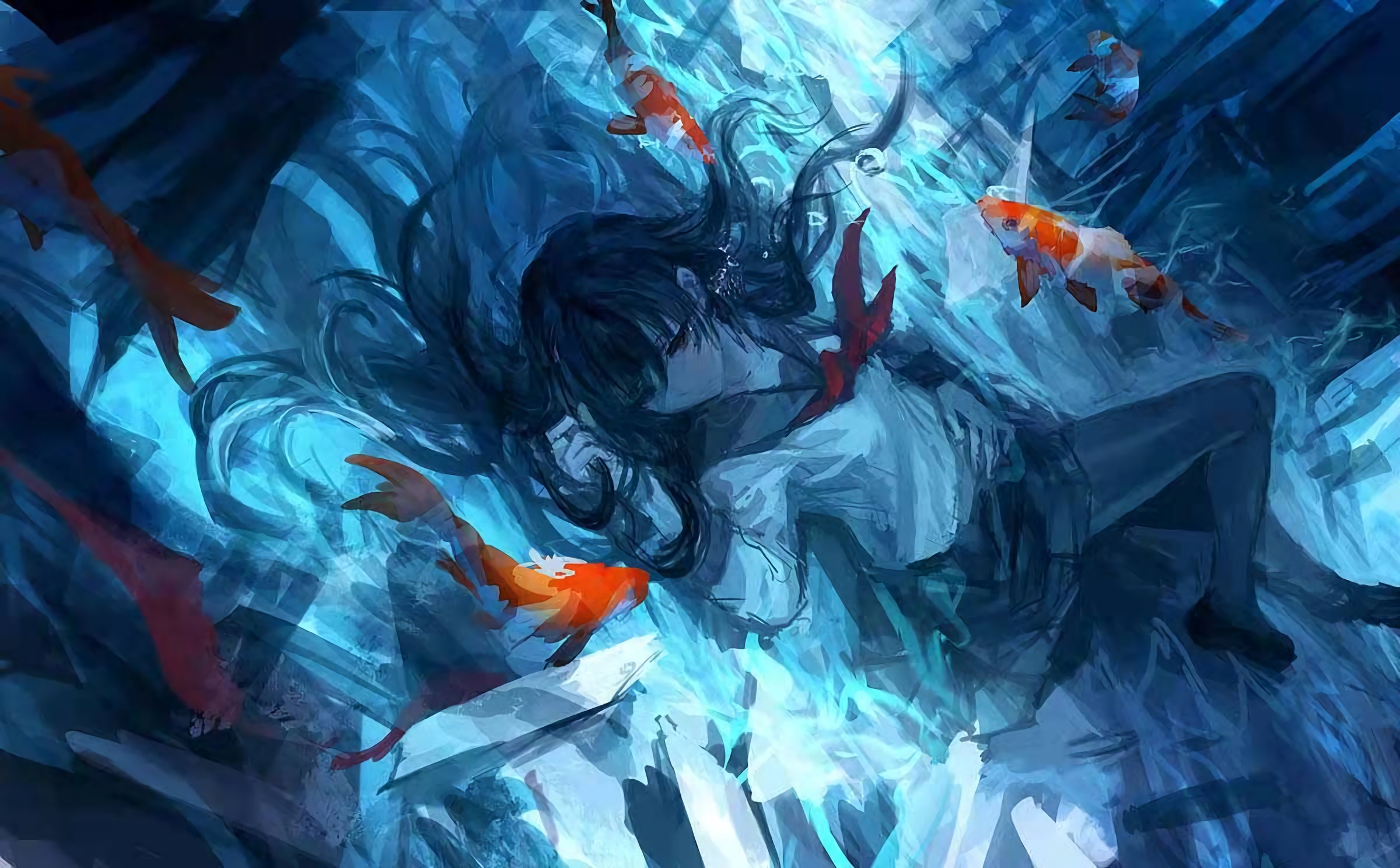 Blue Illustration Anime Anime Girls Fish Underwater Water School Uniform Schoolgirl 2400x1488