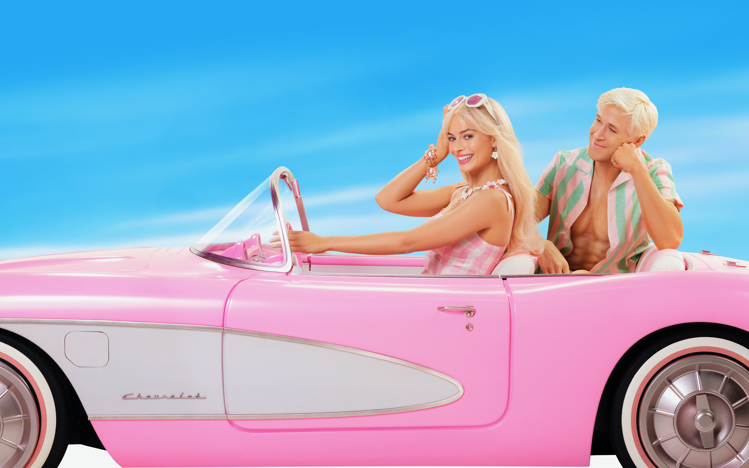 Barbie Barbie 2023 Margot Robbie Ryan Gosling Movies Ken Pink Cars Blonde Chevrolet Sky Smiling Car  2560x1600