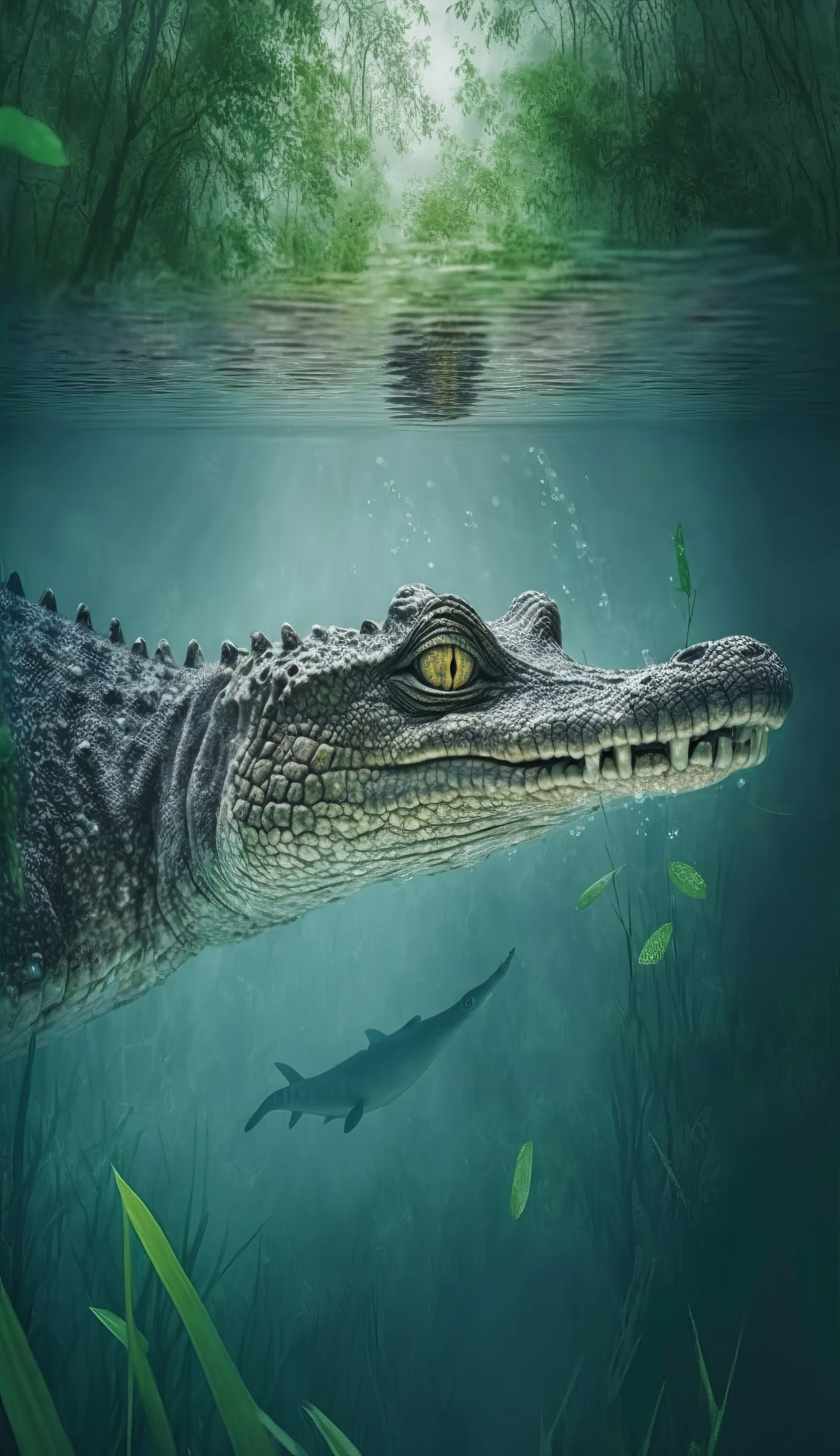 Ai Art Vertical Portrait Display Crocodiles Underwater Water Animals Nature Leaves 2630x4559