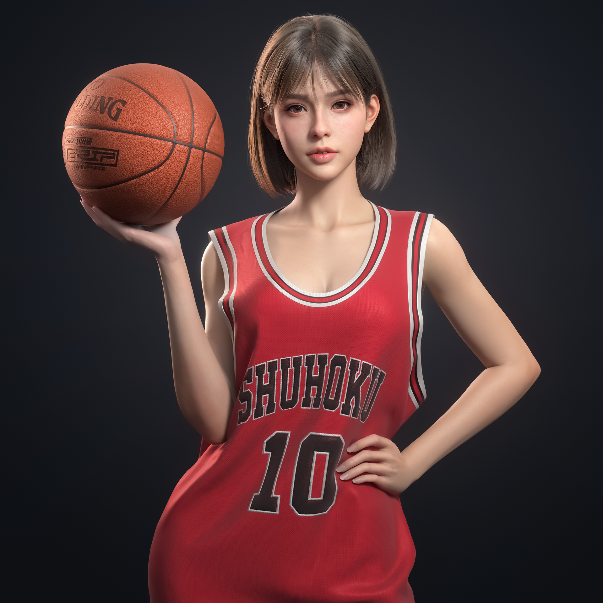 Euginnx Wu CGi Women Asian Brunette Short Hair Sportswear Red Clothing Basketball Simple Background  1920x1920