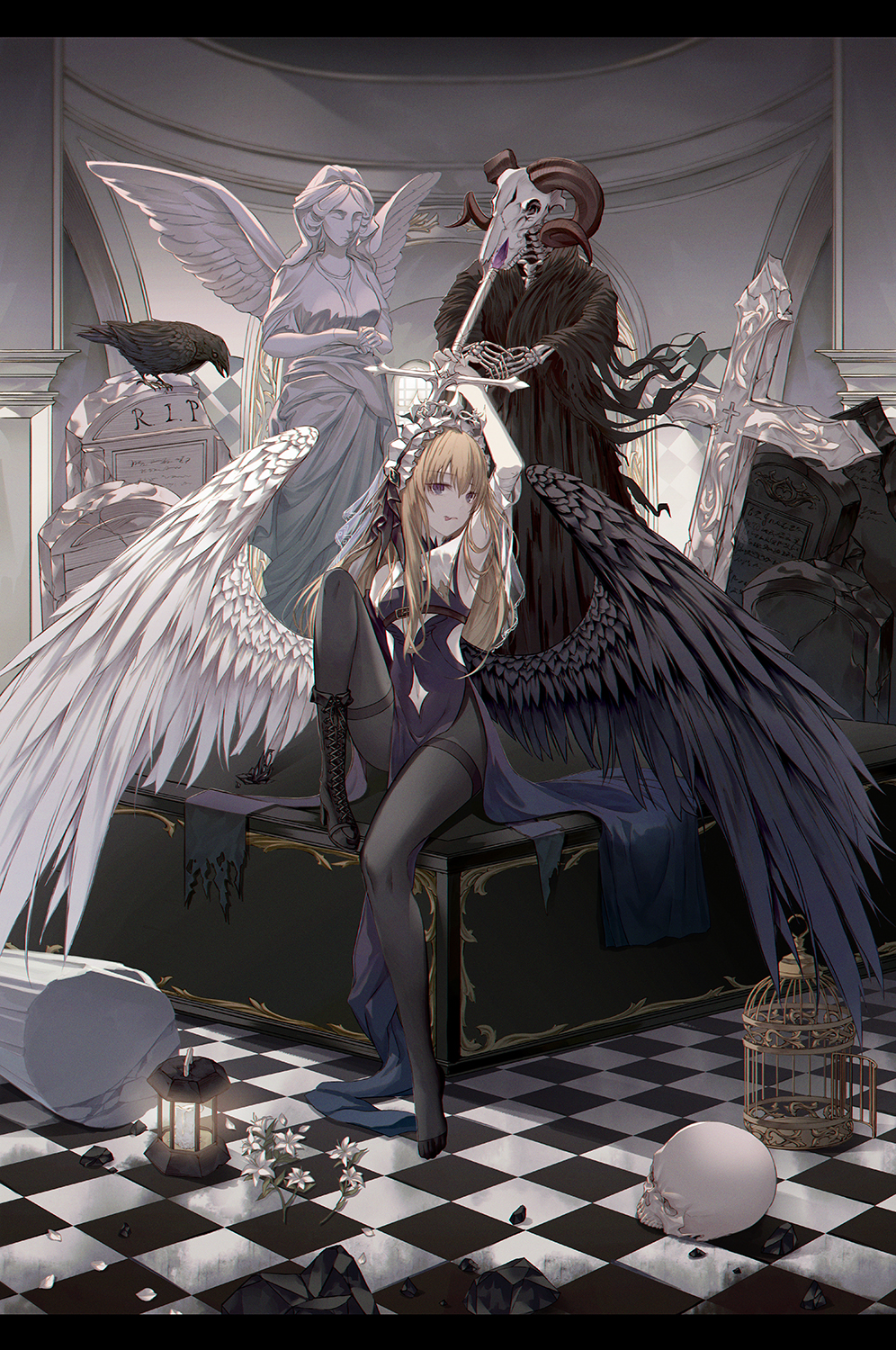 Merry Hearm Anime Girls Blonde Wings Angel Wings Cross Crow Skull 996x1500