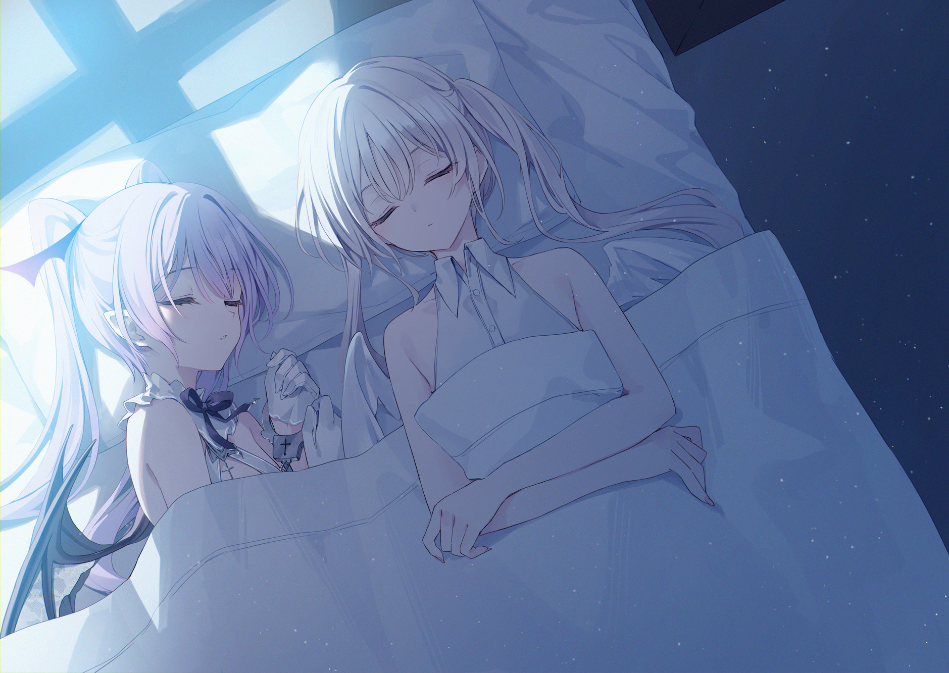 Rurudo Anime Anime Girls Bed Sleeping Closed Eyes Lying Down Lying On Back Moonlight Pillow Bat Wing 1879x1333
