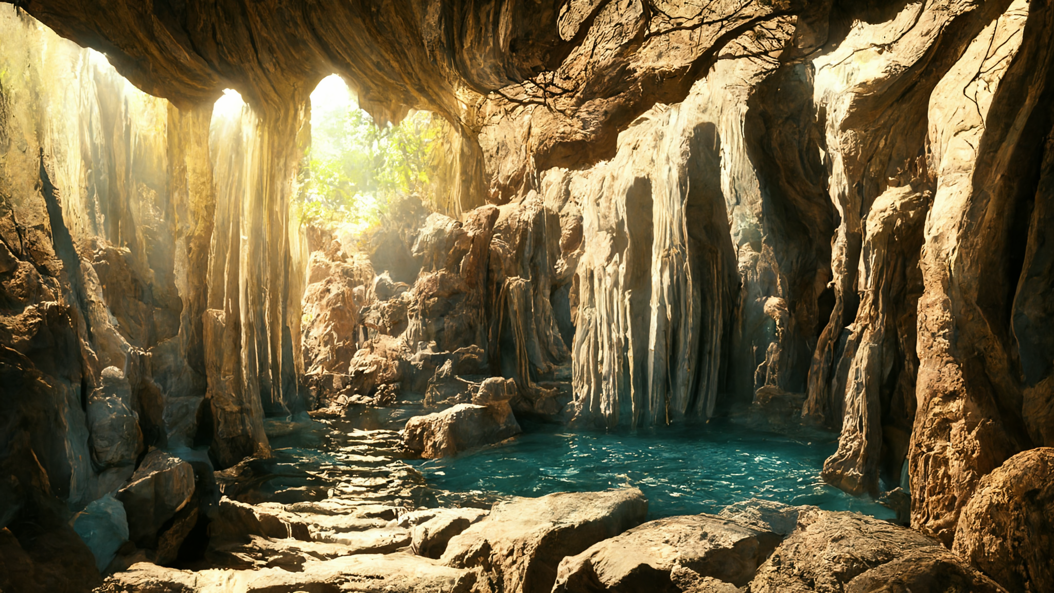 Water Cave Rock Sun Nature Waterfall Path Pathway Landscape 2048x1152