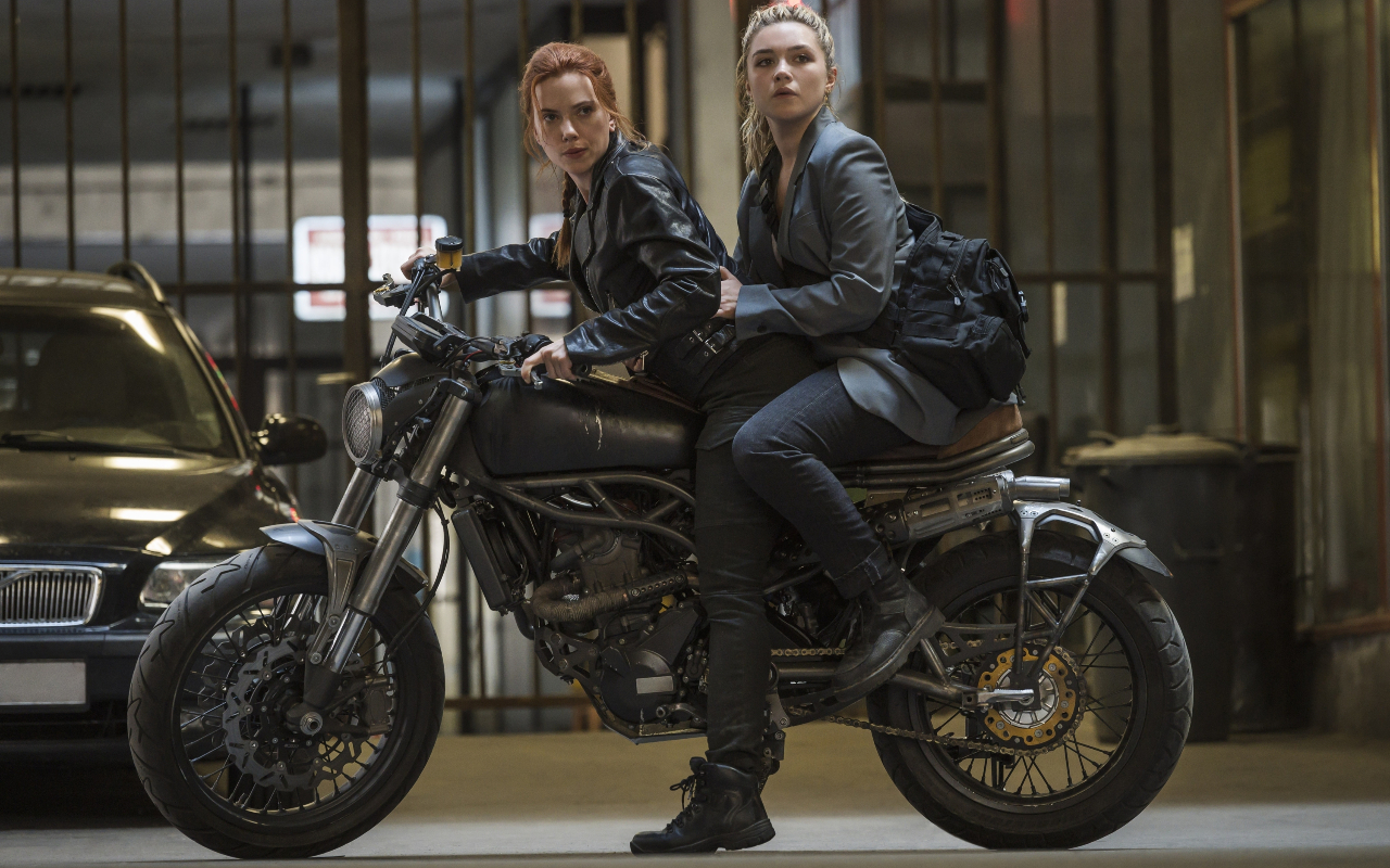 Florence Pugh Women Scarlett Johansson Actress Black Widow Motorcycle Yelena Belova 1280x800
