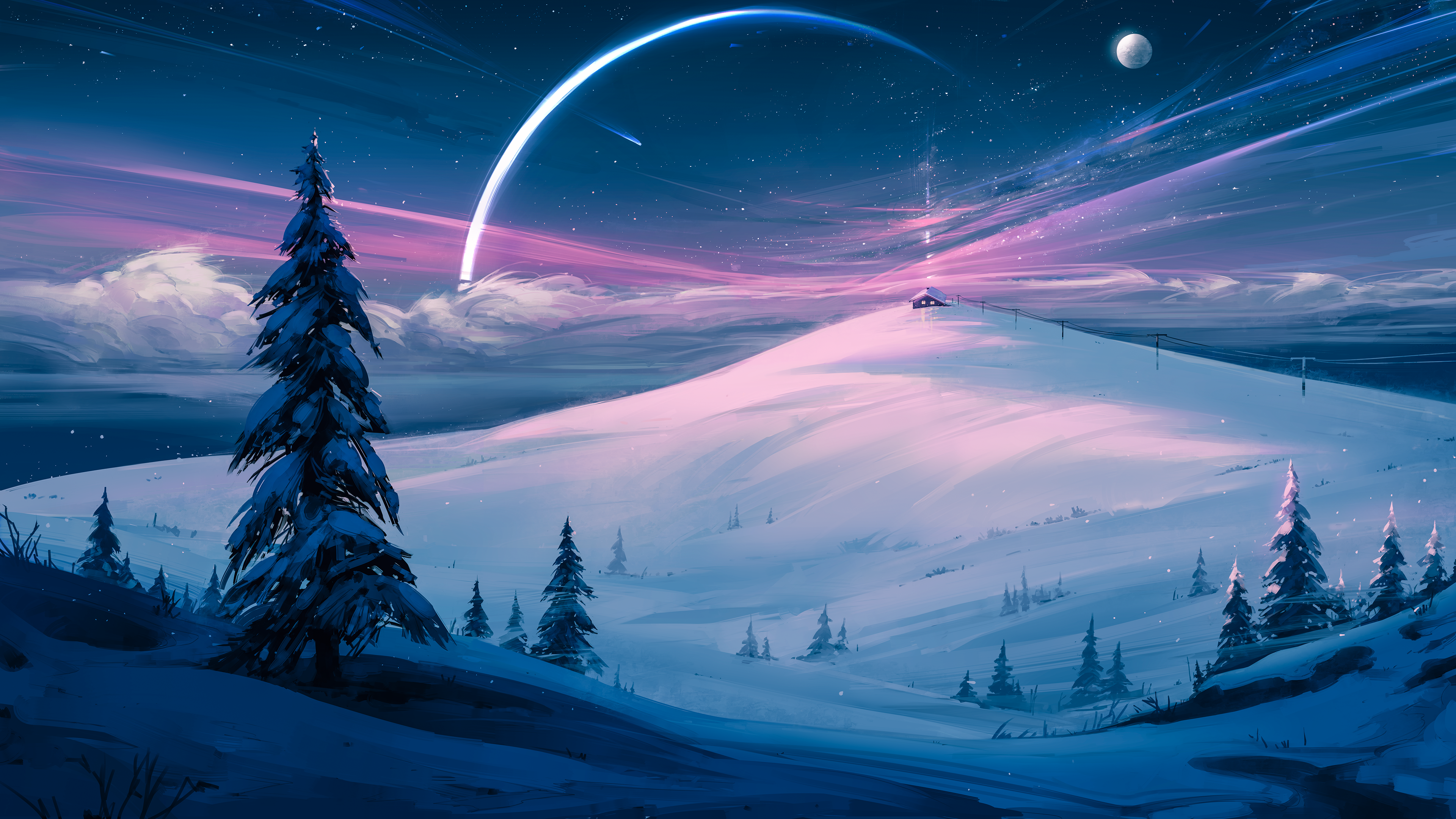 Aenami Digital Art Artwork Landscape Snow Winter 4K Nature Mountains Clouds Trees Stars Starry Night 3840x2160