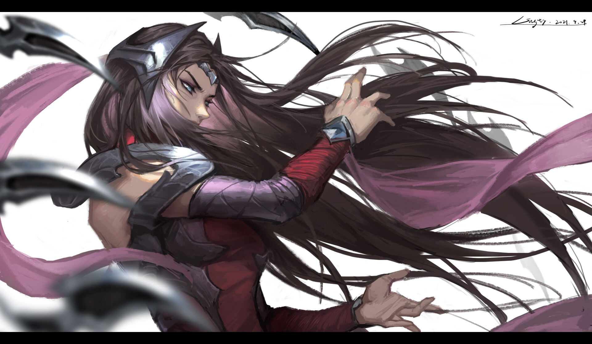 League Of Legends Irelia League Of Legends White Background Looking At The Side Blue Eyes Long Hair  1920x1117