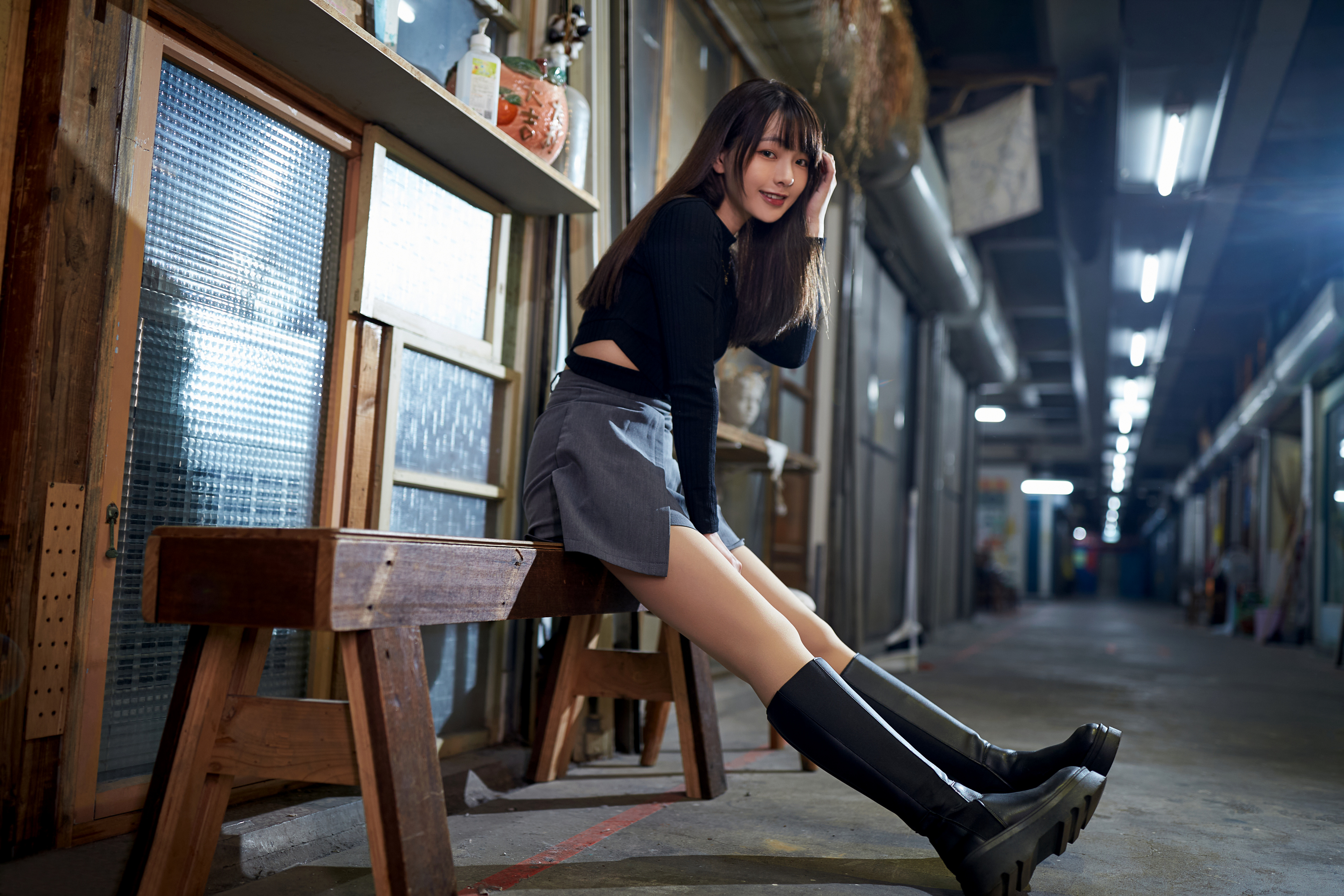 Asian Model Women Long Hair Dark Hair Black Boots Sitting 3840x2560