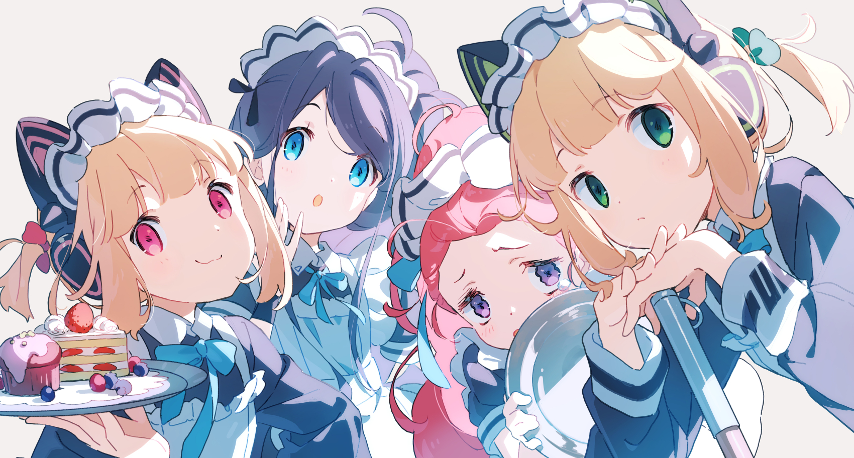 Blue Archive Anime Girls Line Up Looking At Viewer Cake Strawberries Berries Cupcakes Maid Maid Outf 1700x912