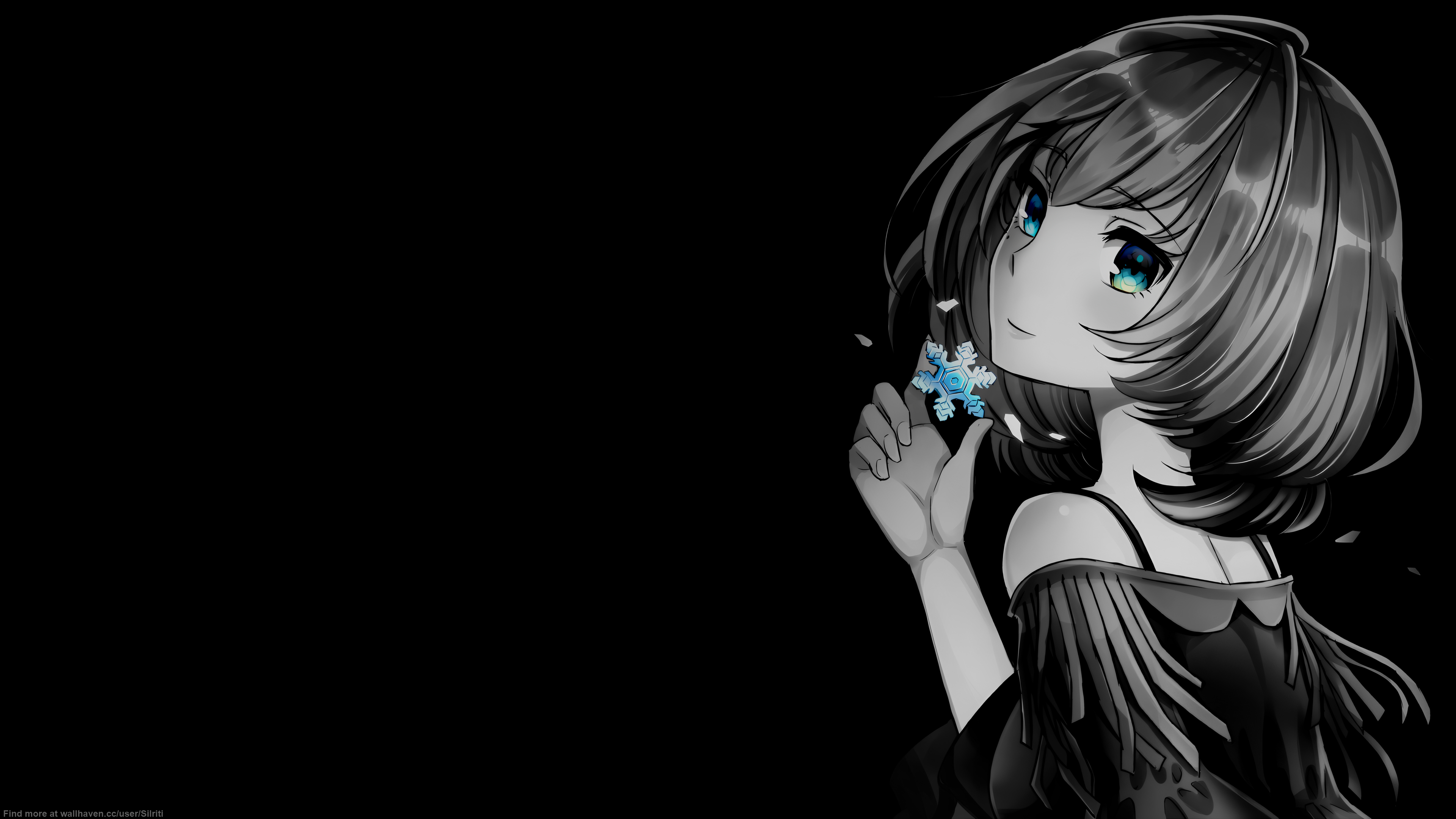 Black Background Selective Coloring Simple Background Snowflakes Smiling Anime Girls Short Hair Mole 3840x2160