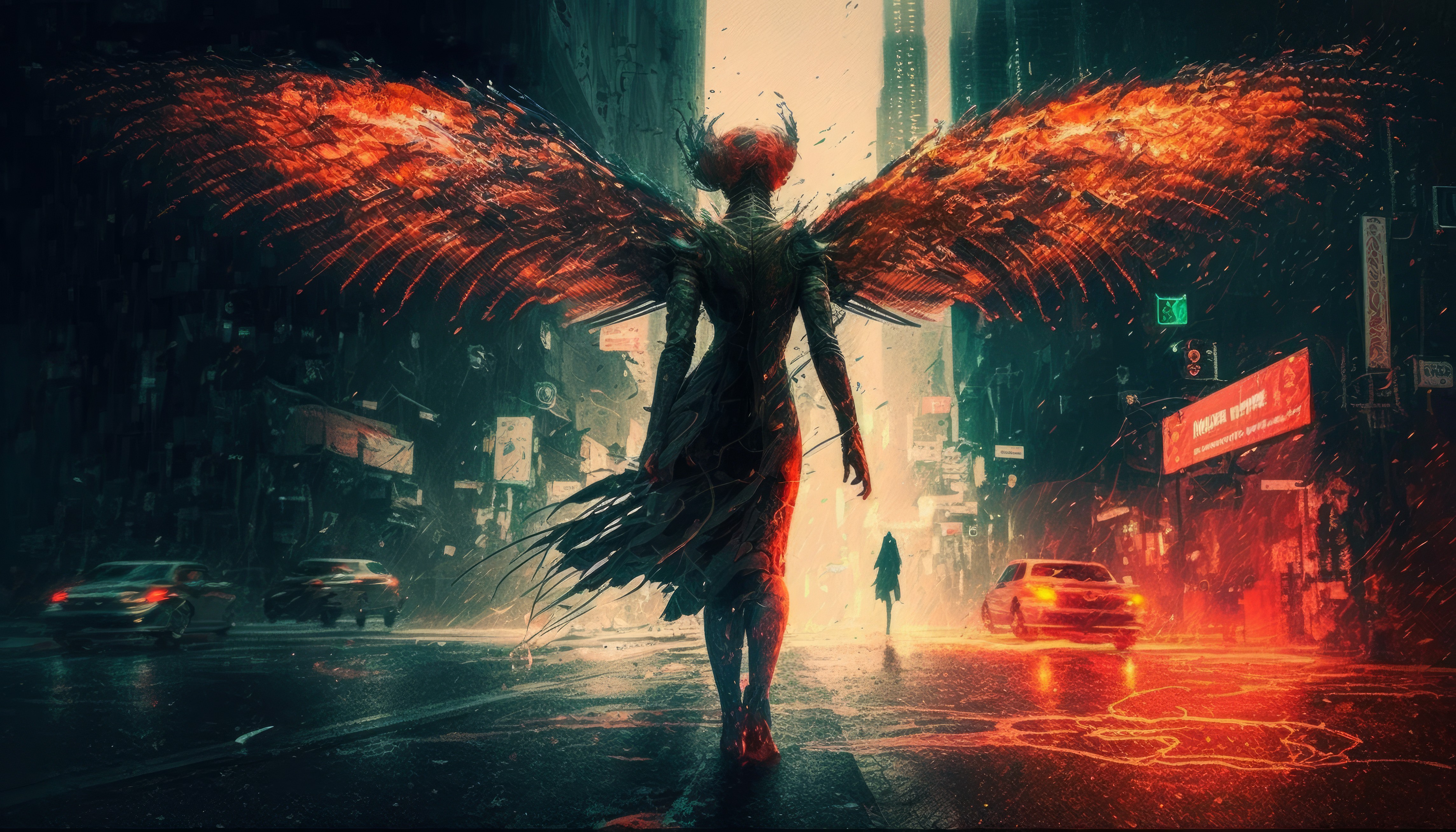 Ai Art Illustration Angel Demon Wings Street City Fire Headlights 4579x2616