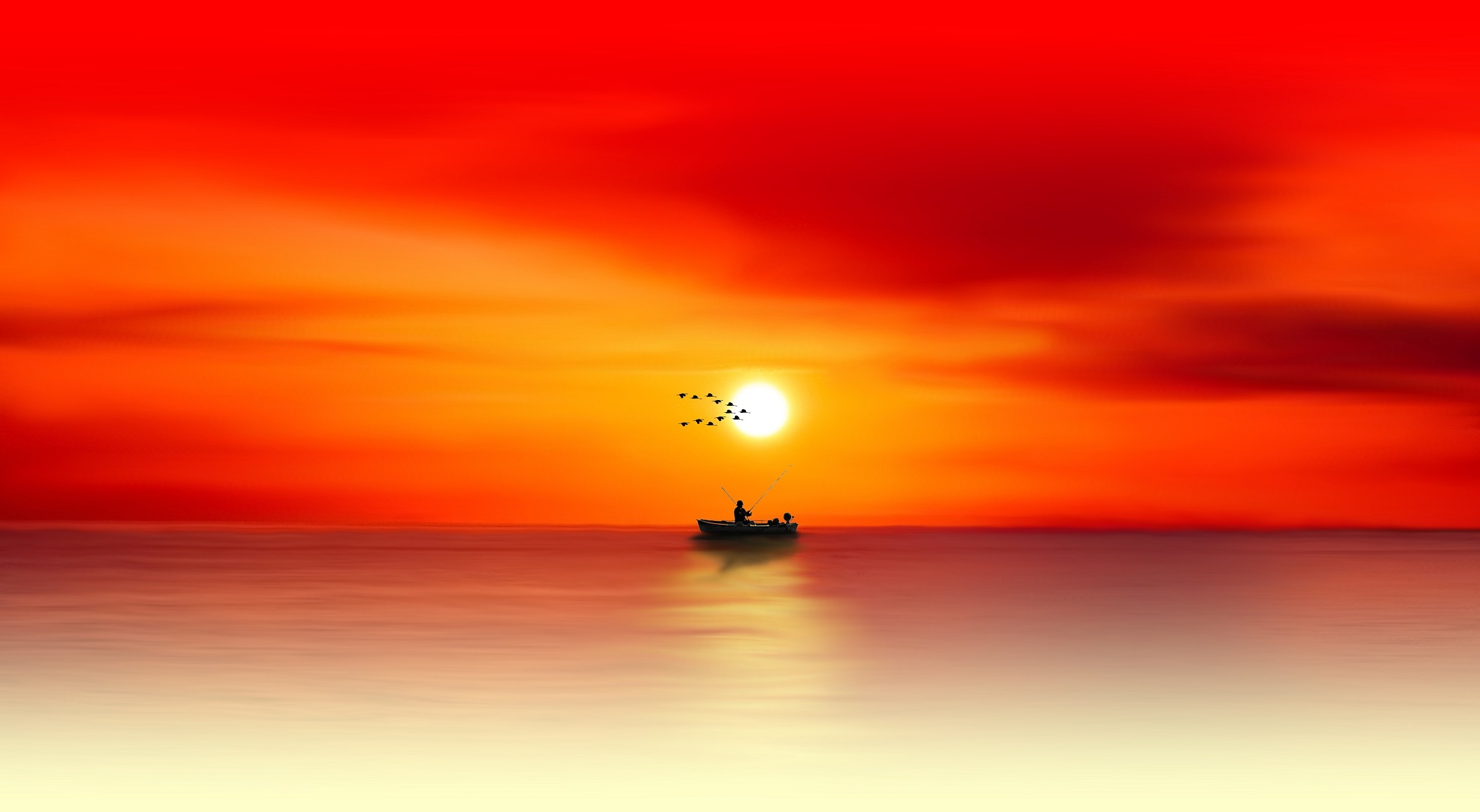 Sunset Boat Water Sky Sunset Glow Minimalism Clouds Simple Background Sun Silhouette 1968x1080