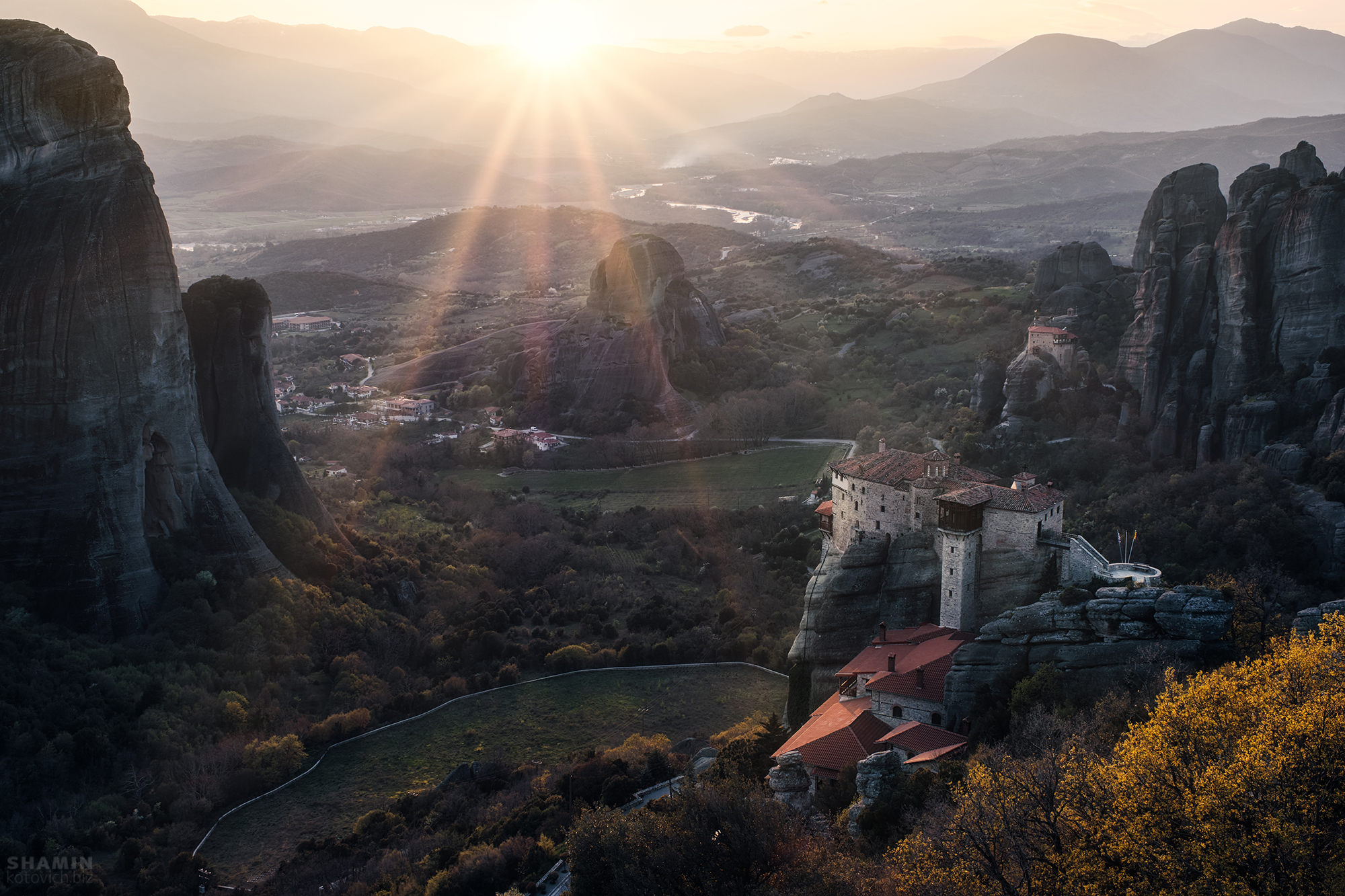 Nature Landscape Trees Monastery Meteora Greece Mountains Sun Rays Fall Forest Valley Sunlight 2000x1333