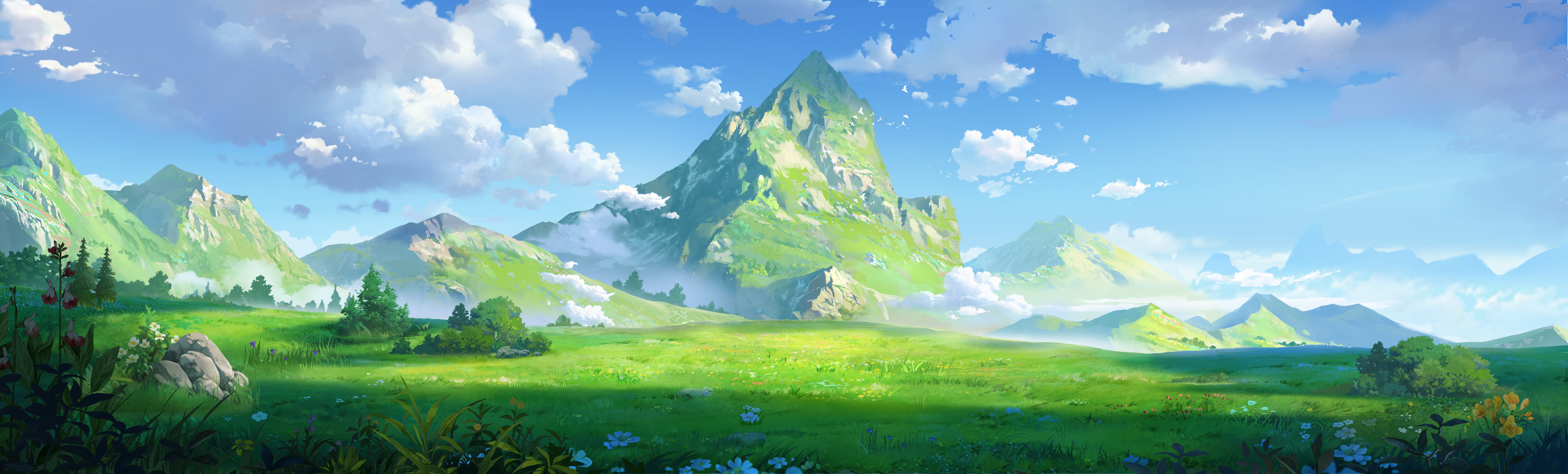 Digital Art Artwork Illustration Landscape Nature Field Mountains Clouds Grass Flowers 3840x1162