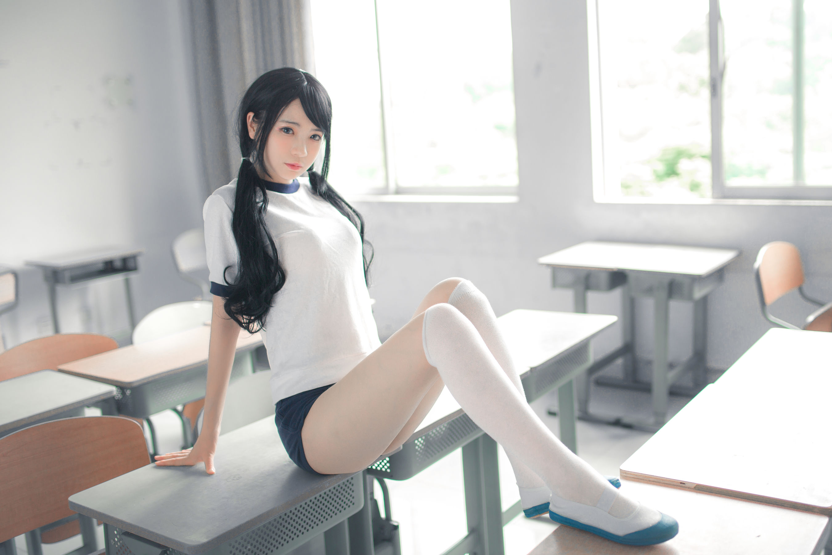 Women Model Asian Long Hair Twintails Dark Hair Women Indoors School OTK Socks Legs 2700x1800