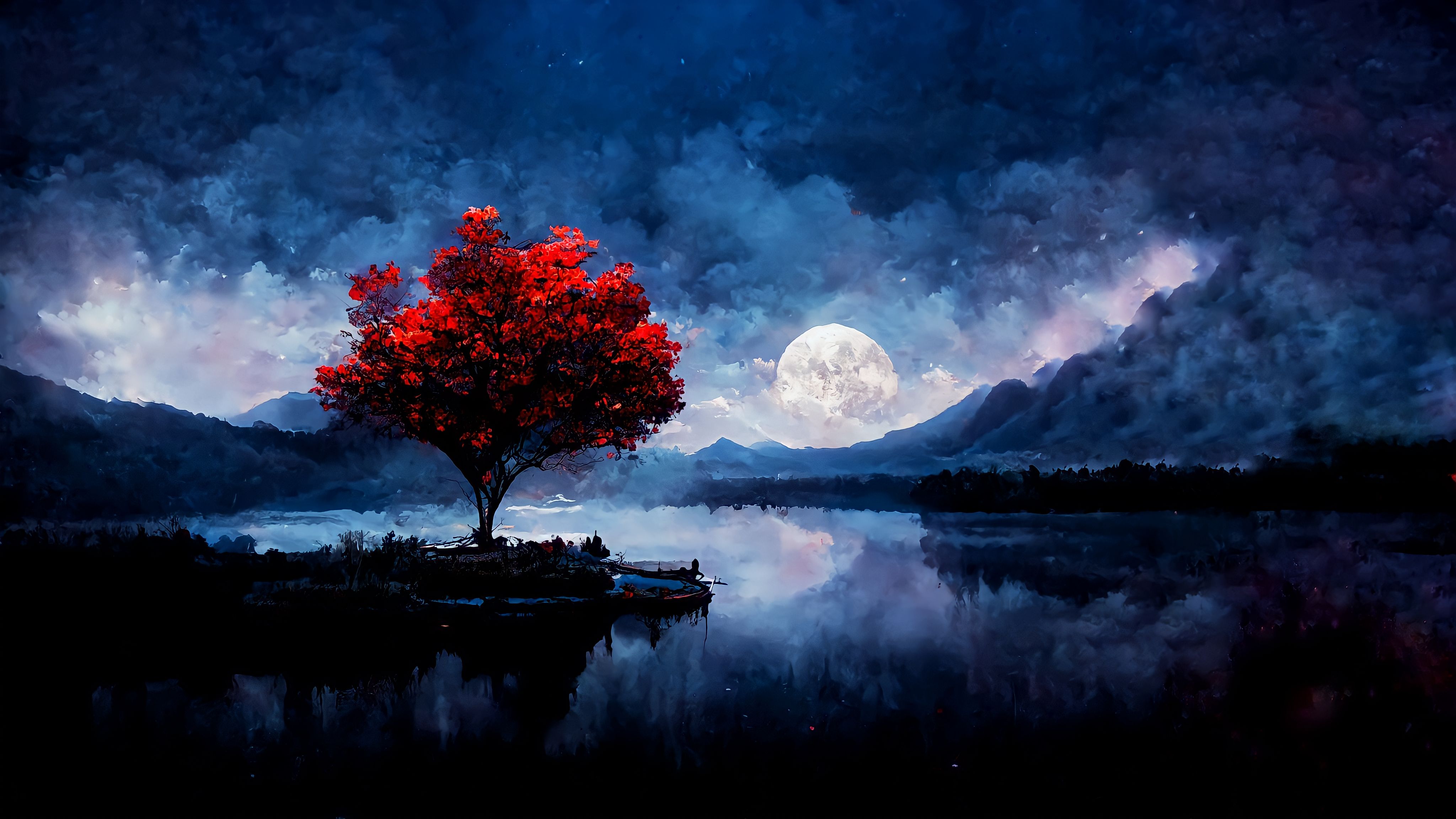 Red Trees Night Full Moon Landscape Matte Painting ArtStation Ai Art Lake Mountains Nature Clouds Wa 4096x2304