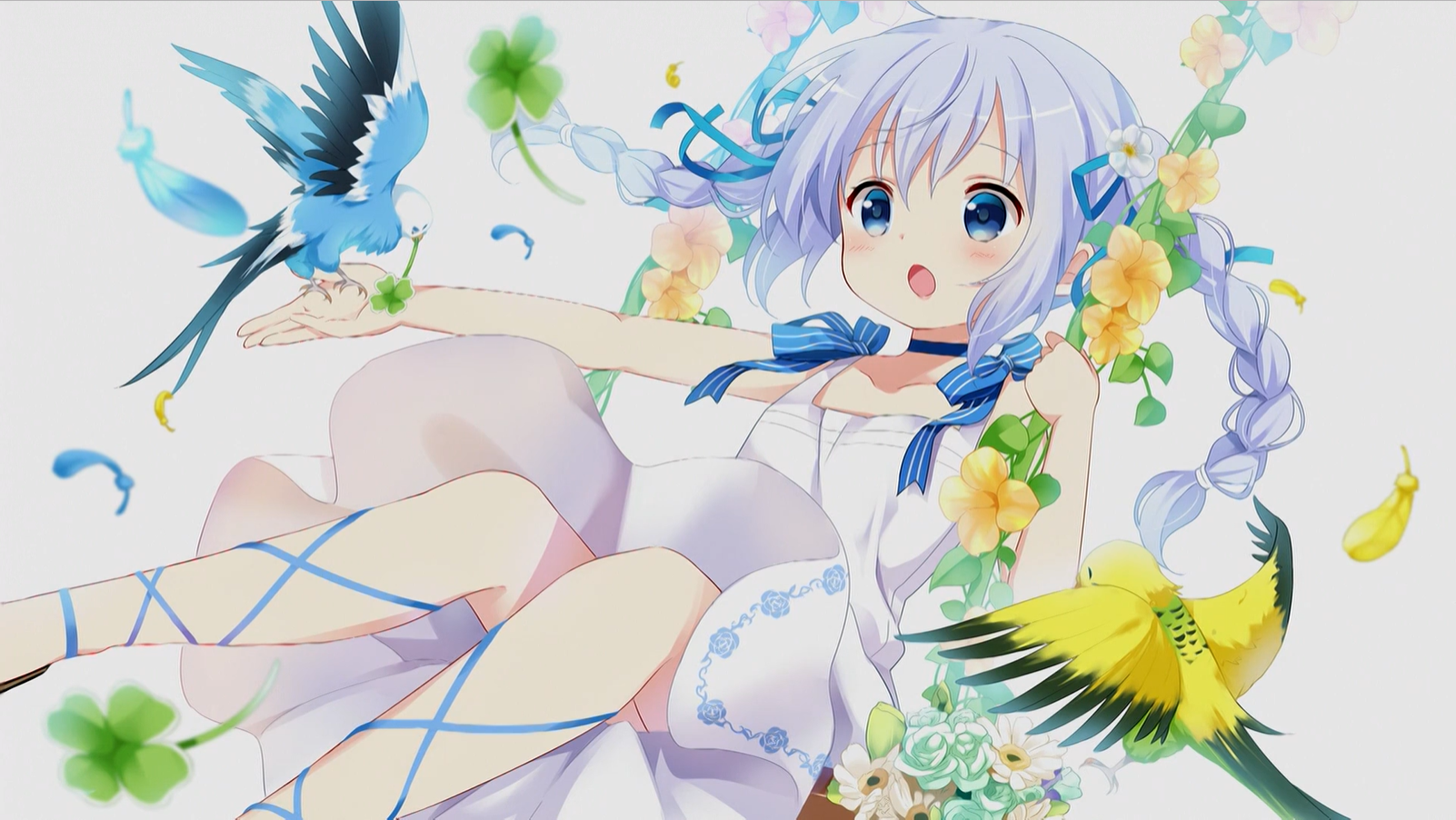 Anime Anime Girls Gochuumon Wa Usagi Desu Ka Braids Braided Hair Flowers Swing Birds Feathers Minima 1602x902
