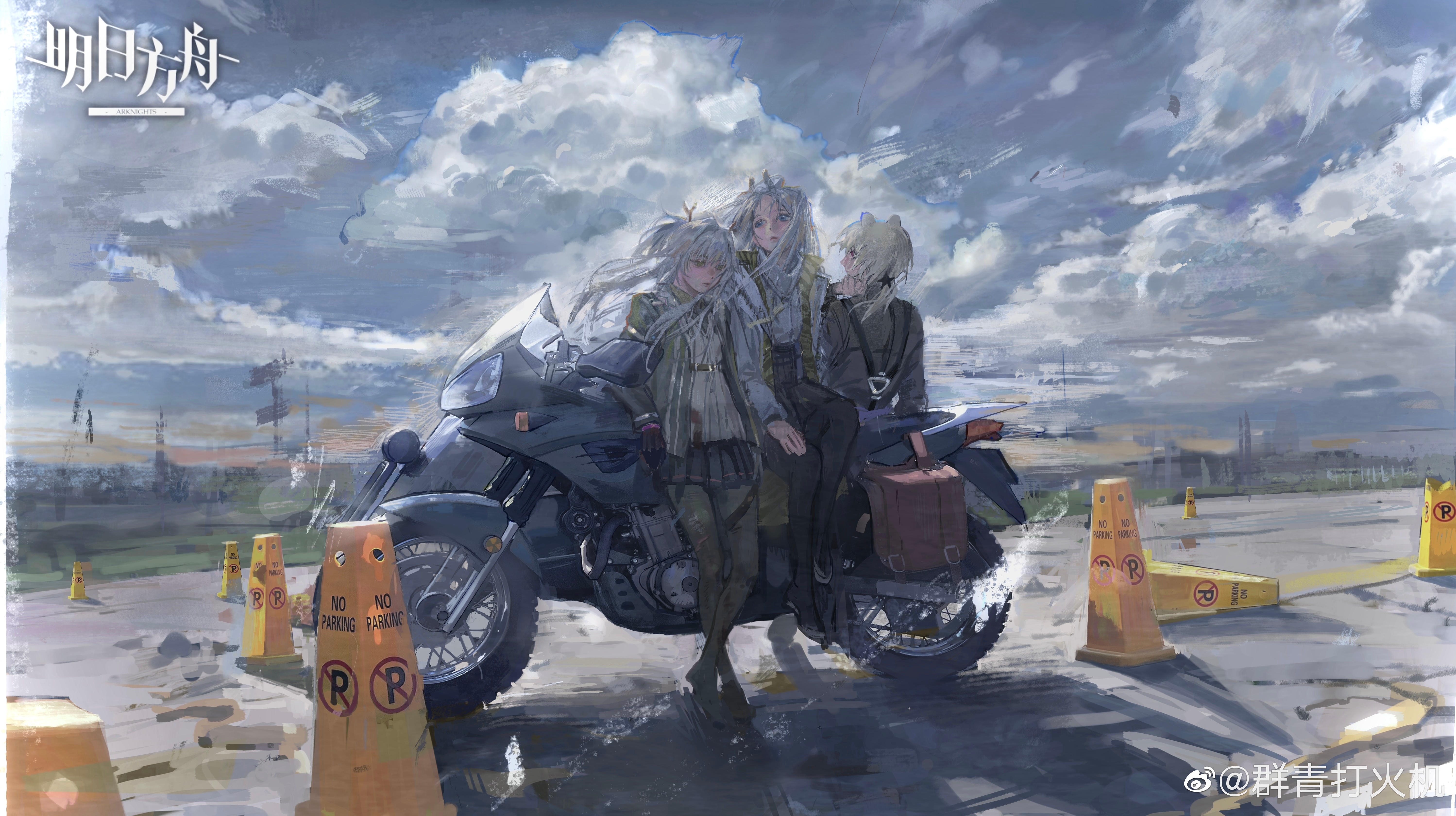 AZLing4 Arknights Anime Girls Vehicle Sky Clouds Traffic Cone Japanese Watermarked Long Hair Hair Bl 5996x3361