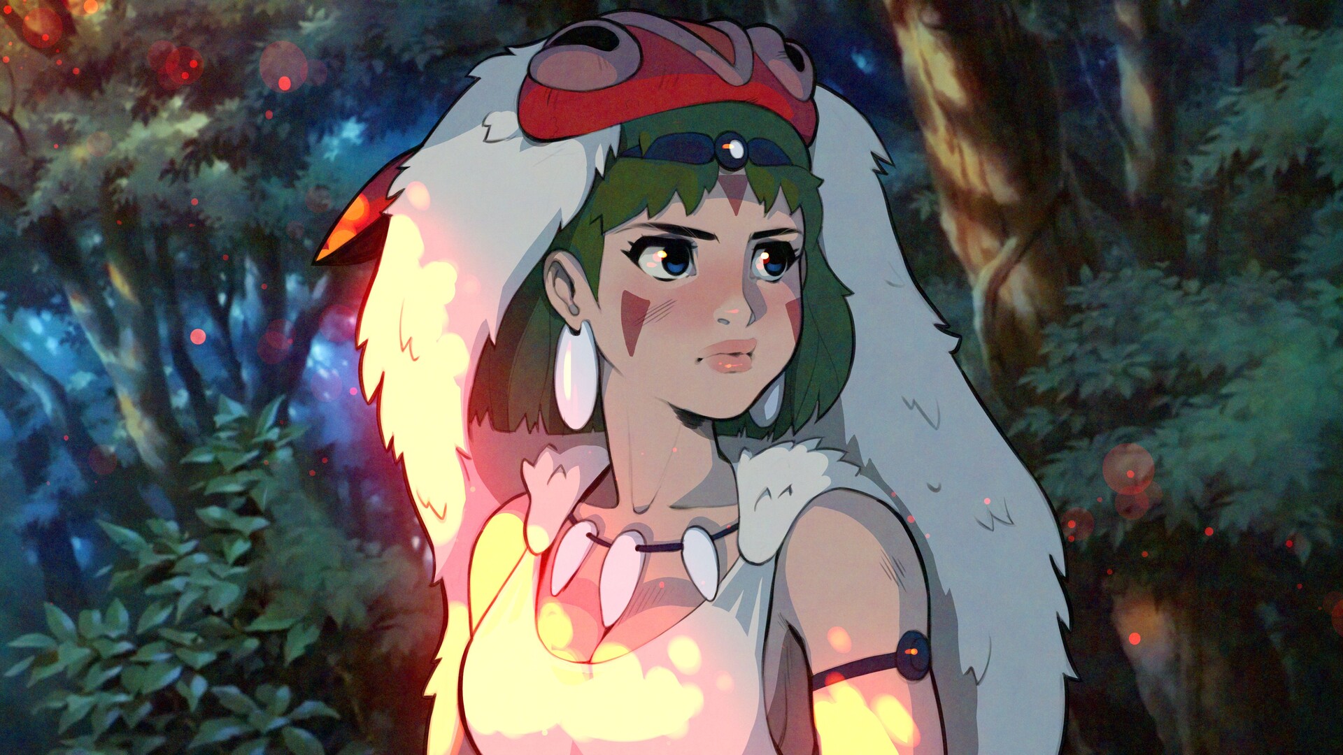 Digital Digital Art Artwork Fan Art Princess Mononoke Forest Anime Blue Eyes Brunette Looking At The 1920x1080