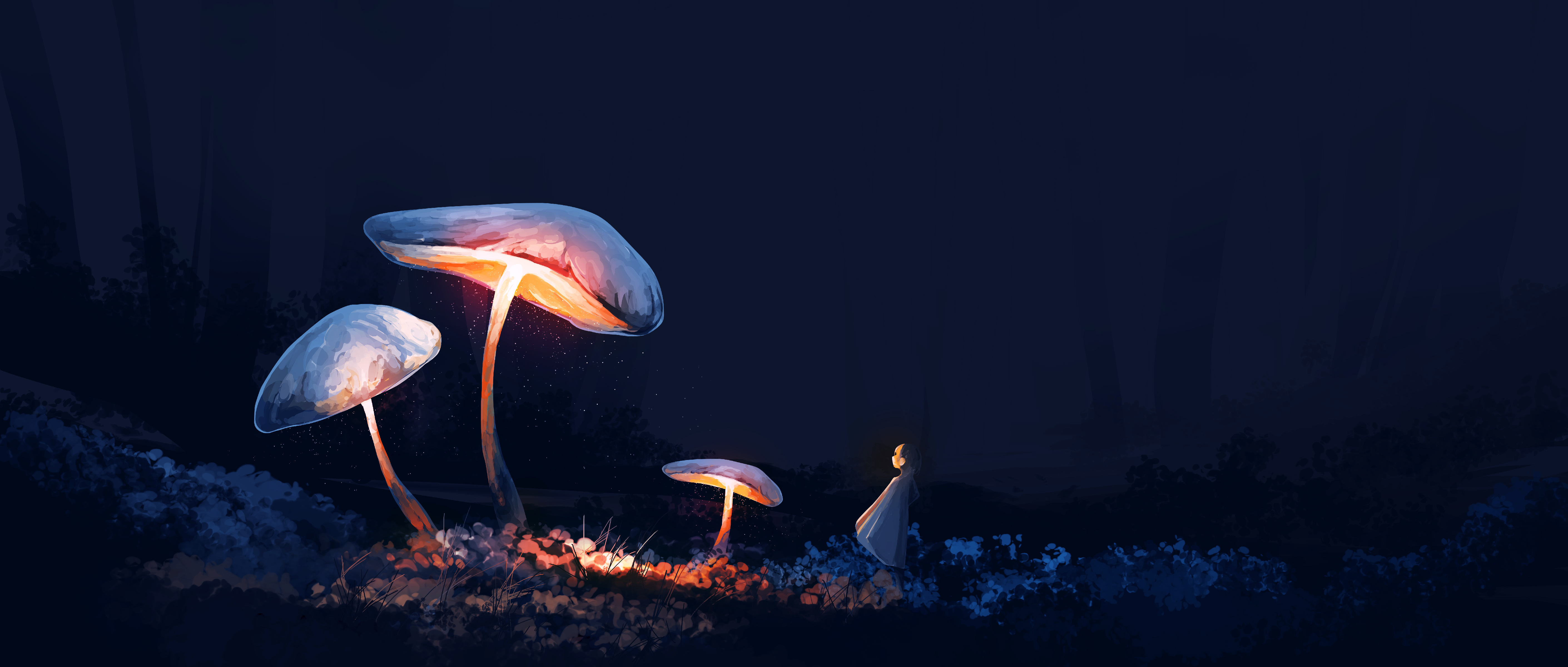 Anime Girls Mushroom Plants Night Forest 5640x2400