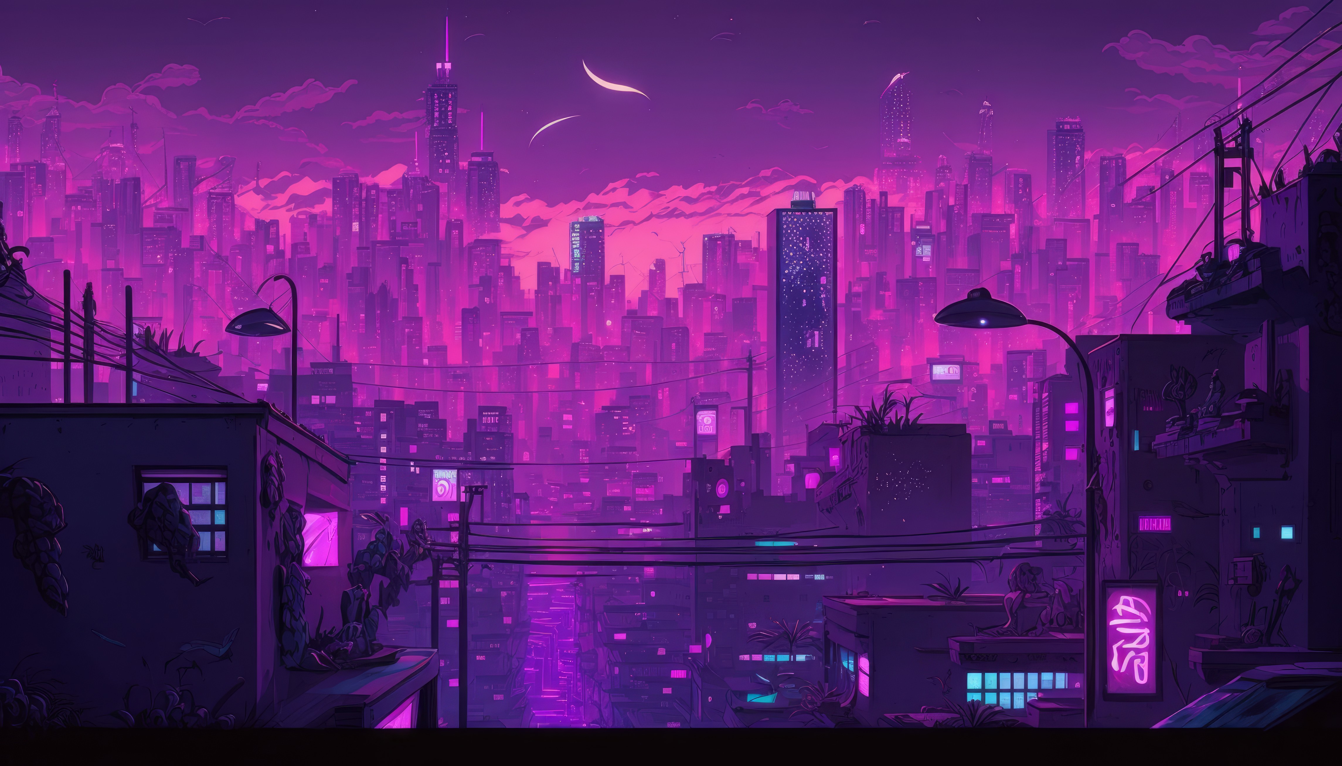 Ai Art City Illustration Purple City Lights Building 4579x2616