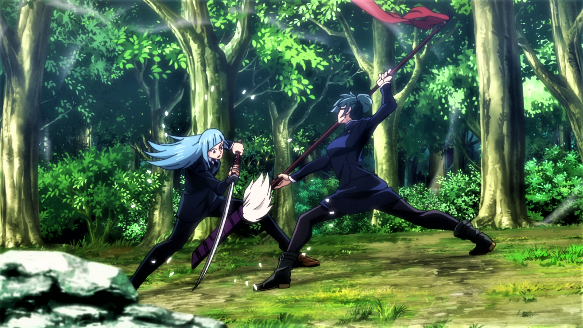 Jujutsu Kaisen Maki Zenin Staff Sword Trees Nature Blue Hair Green Hair Uniform Anime Anime Screensh 1920x1080