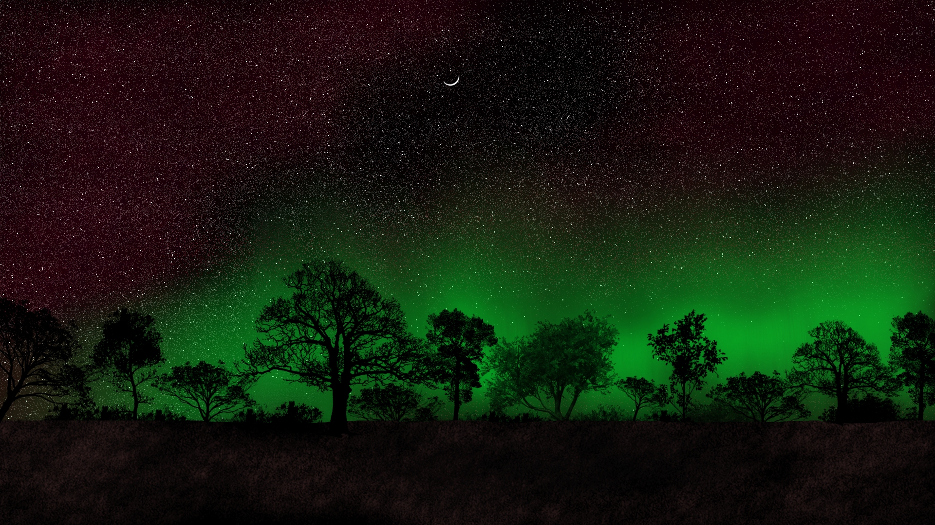 Digital Painting Digital Art Aurorae Night Stars Starred Sky Starry Night Trees Nature Silhouette Cr 1920x1080