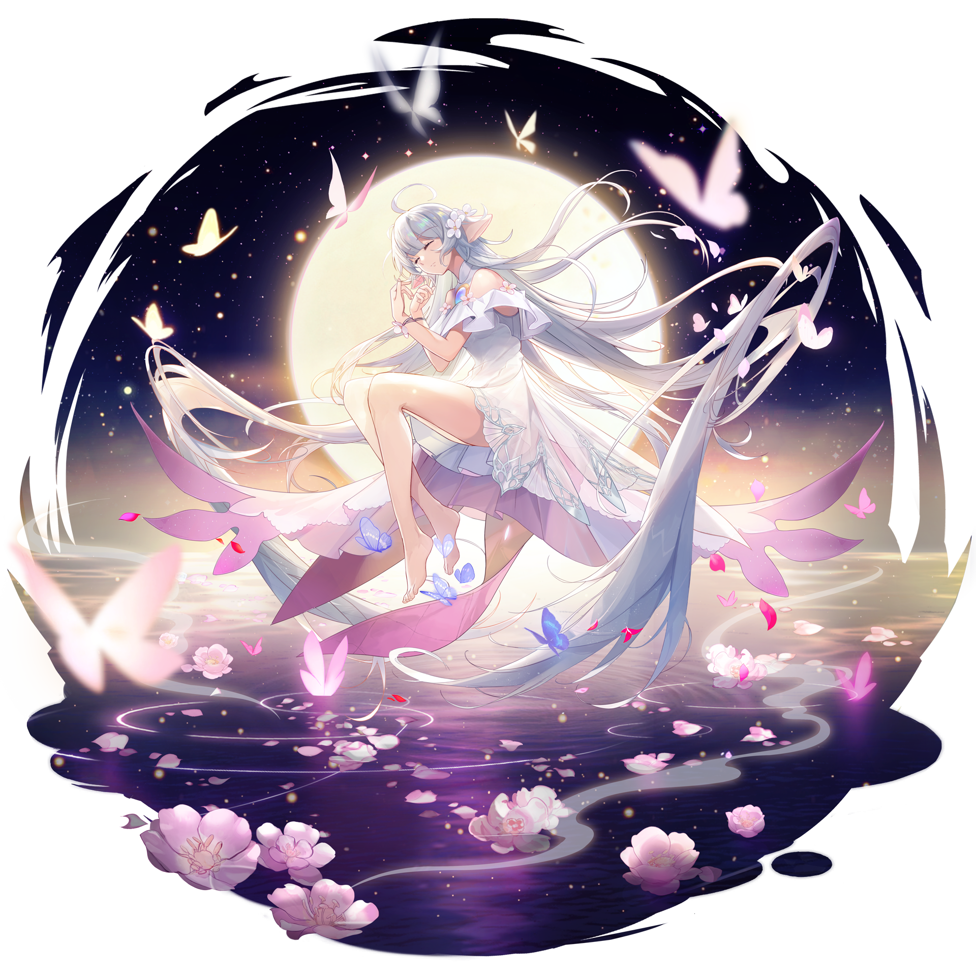 Anime Girls Anime Girl With Wings Moon Butterfly Flowers Petals Water Long Hair Closed Eyes 1920x1920