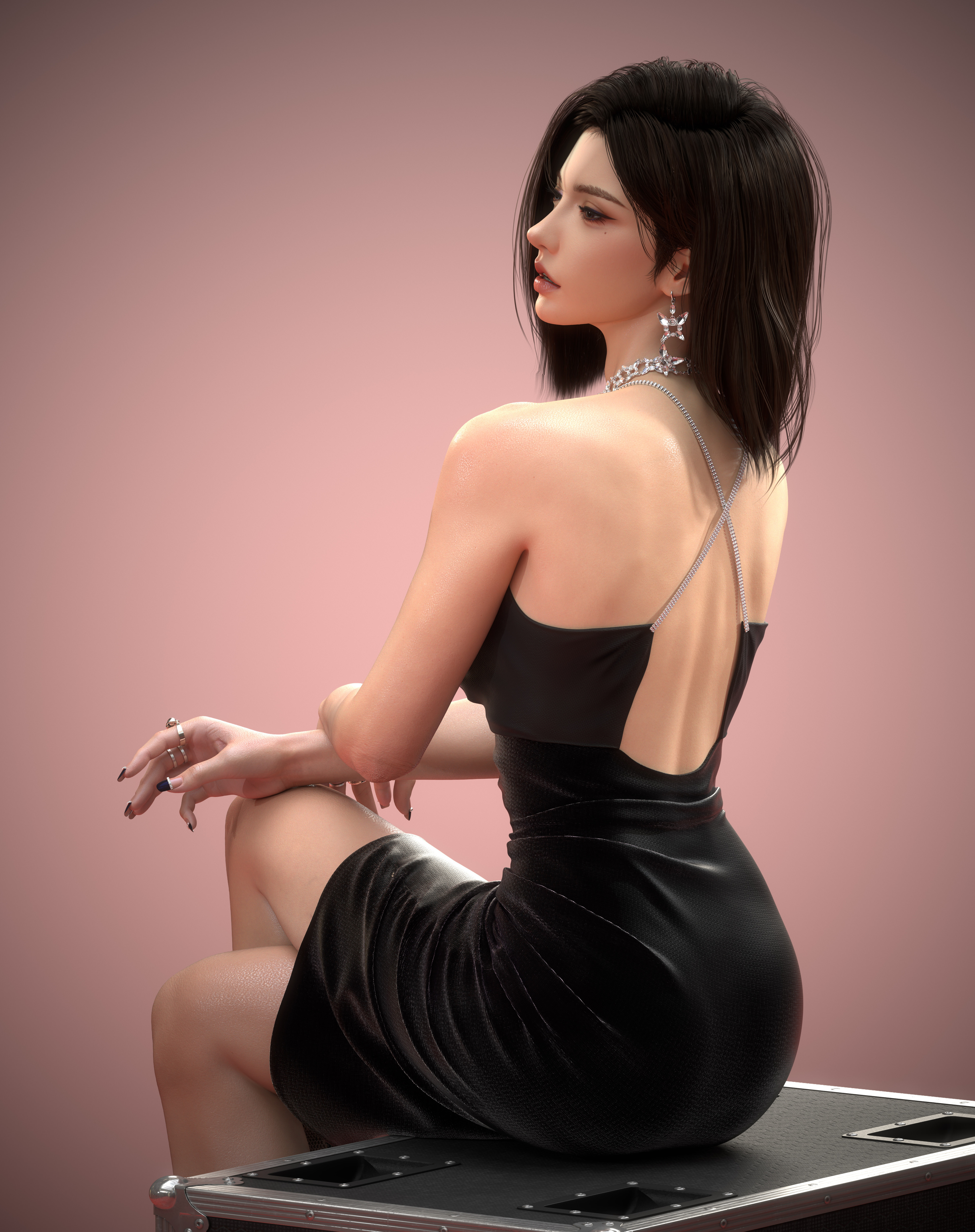 Liao Bailei CGi Women Jewelry Black Dress Chests Portrait Display Dress Legs Crossed Asian Sitting N 3840x4854