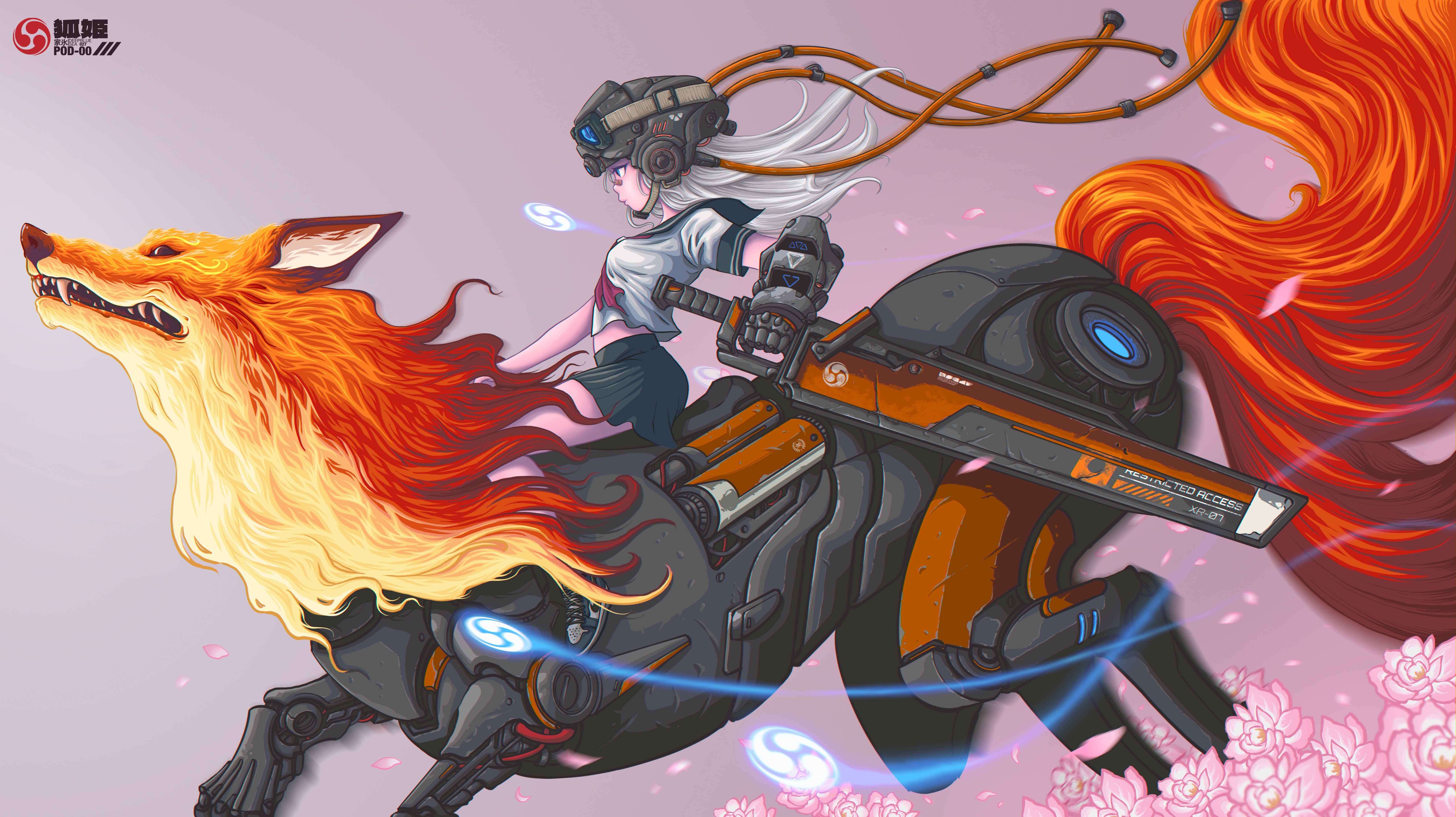 Digital Digital Art Illustration Artwork Character Design Women Cyberpunk Fox Warrior Sword Fantasy  6531x3666