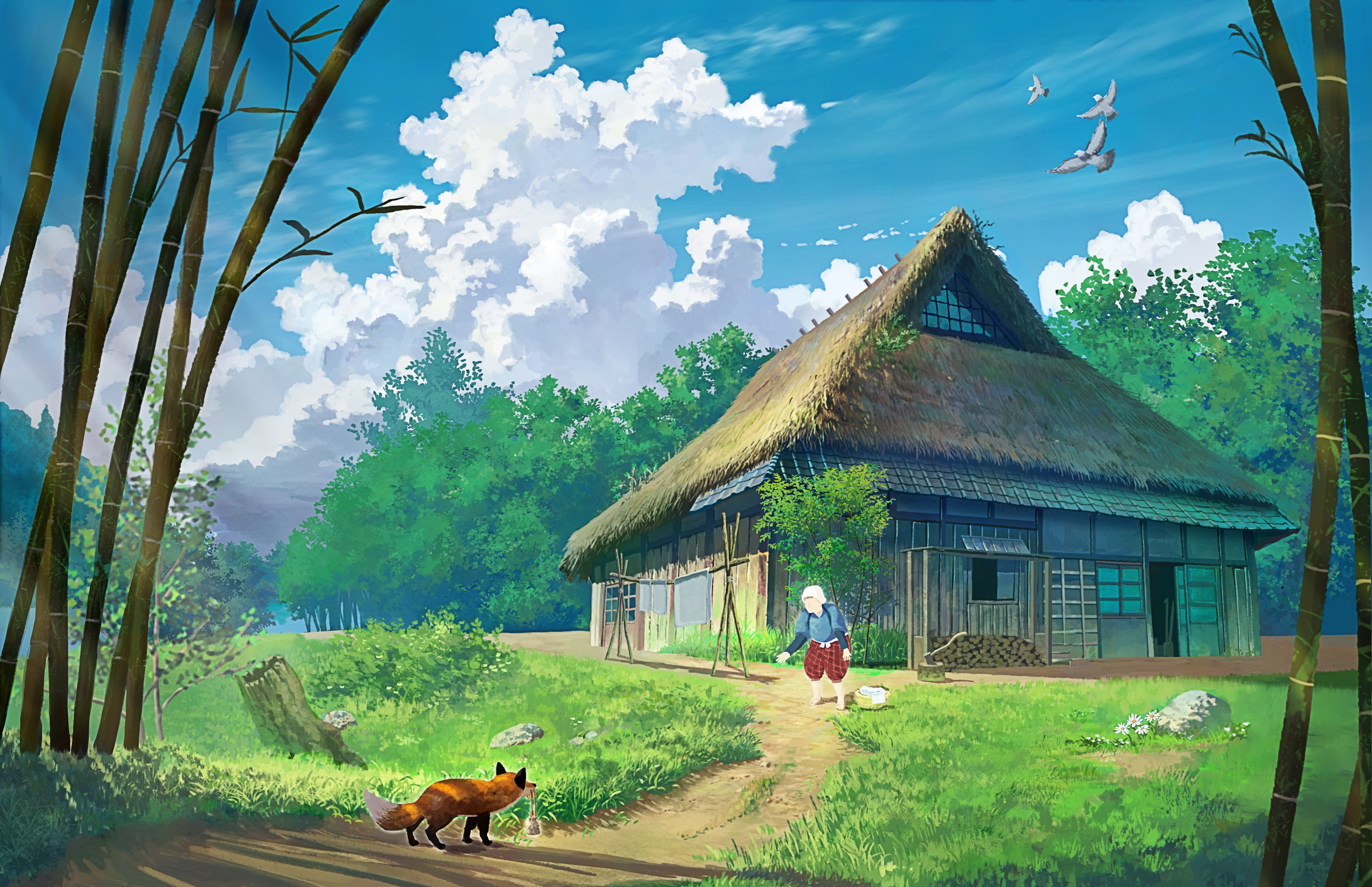 Rural Fox Bamboo Japan House Grass Clouds Sky Trees Flowers Path Leaves 2798x1810