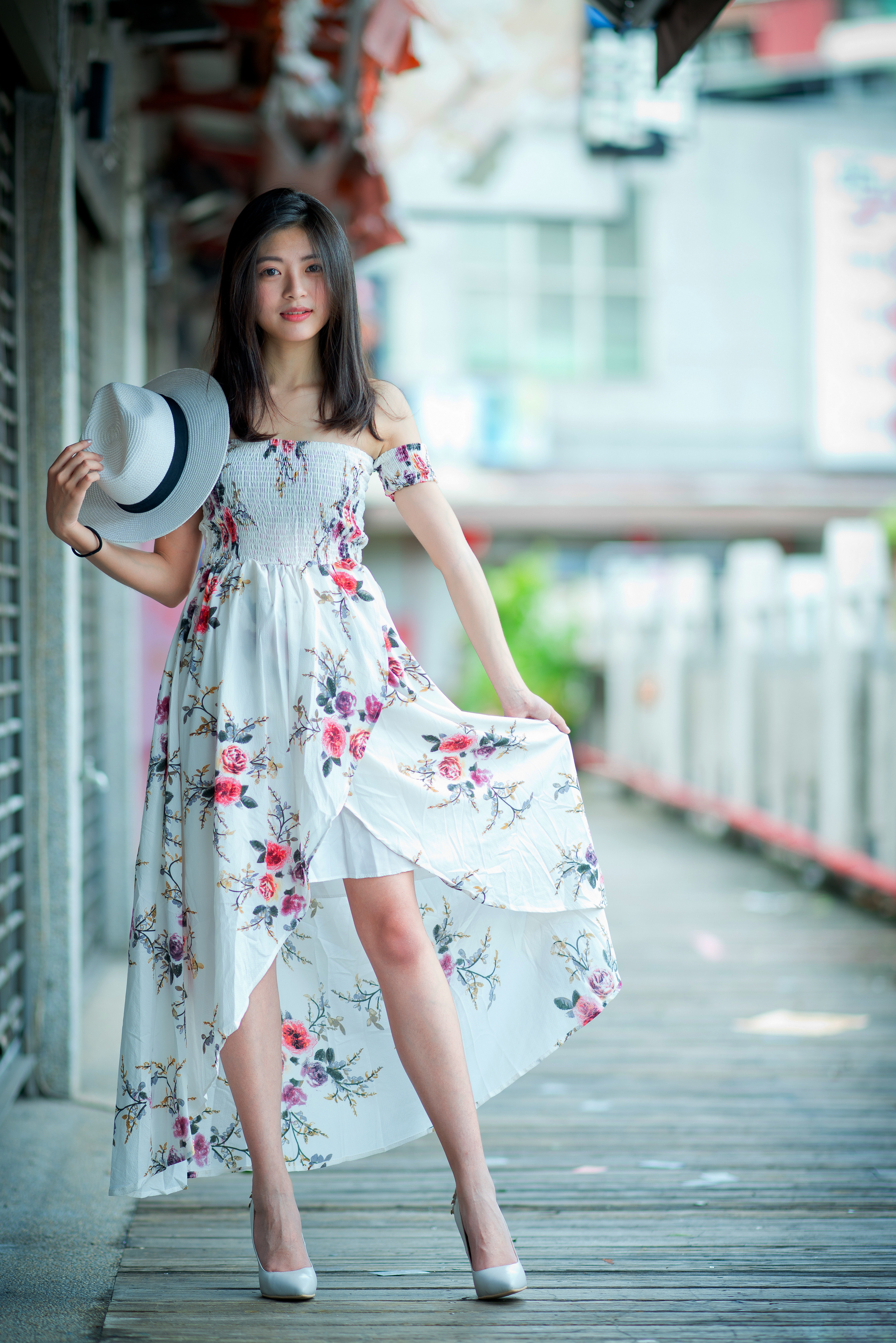 Asian Model Women Long Hair Dark Hair Depth Of Field Hat Flower Dress White Heels High Heels 2561x3840