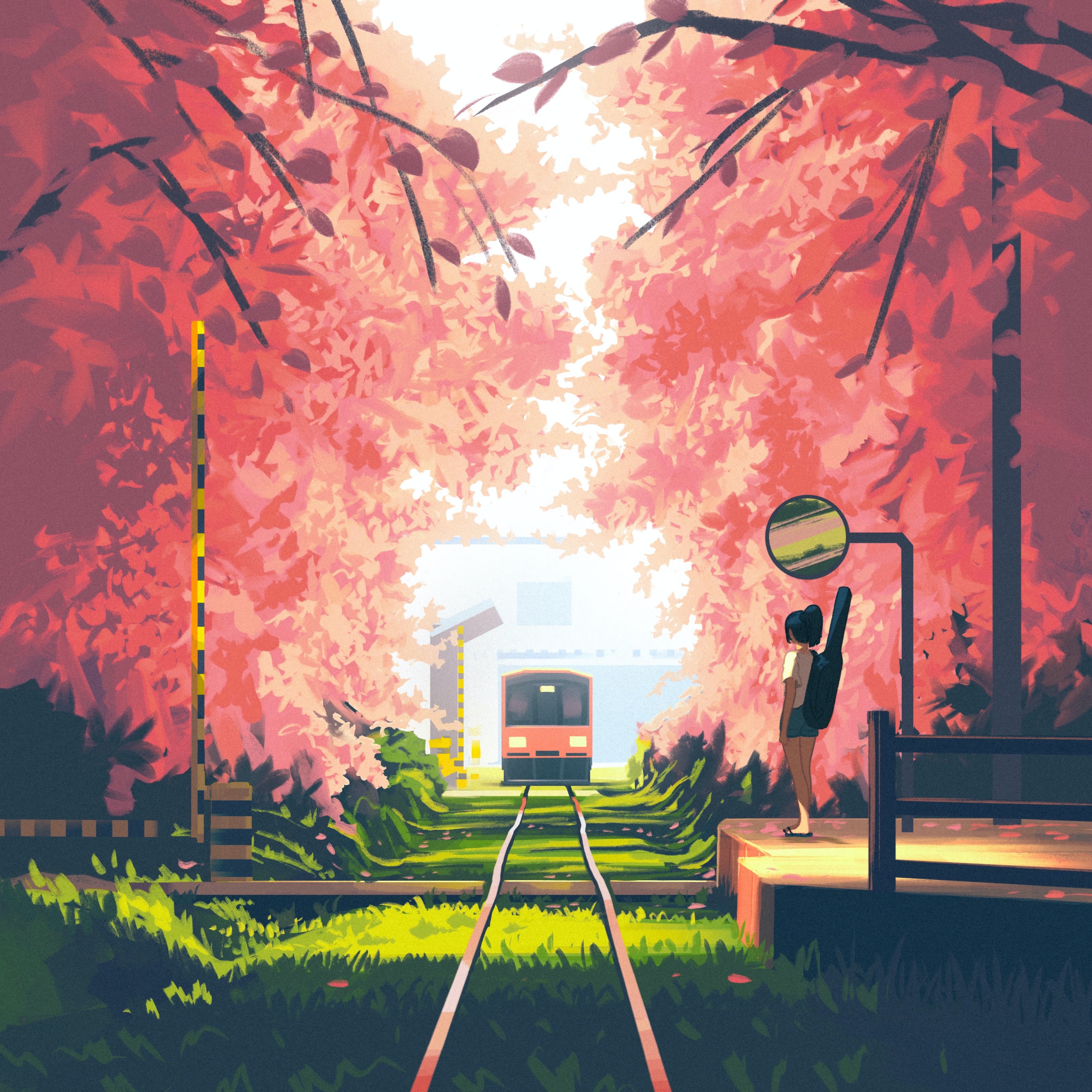 Bysau Digital Art Artwork Illustration Railway Waiting Trees Nature Train Grass Guitar Anime Girls 3000x3000