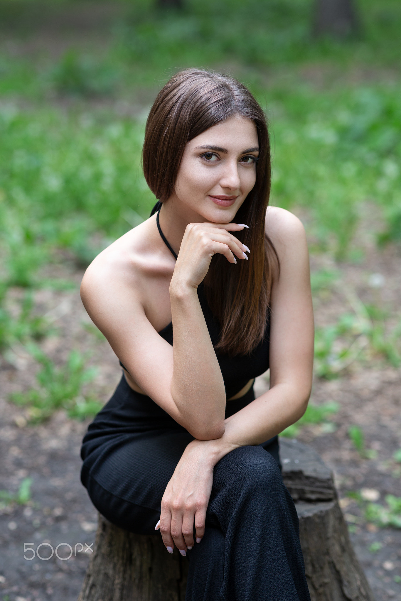 Murat Kuzhakhmetov Women Brunette Long Hair Straight Hair Smiling Dress Black Clothing Tree Stump Mo 1366x2048