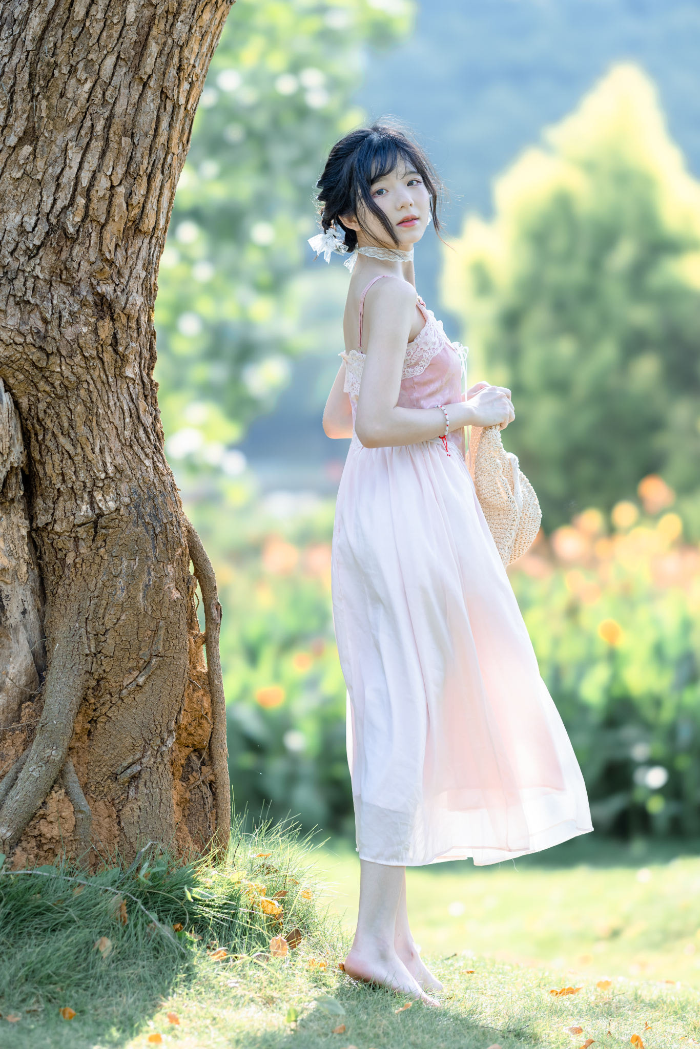 Three Portraits Studio Women Asian Dark Hair Dress White Clothing Barefoot Trees Outdoors 1366x2048